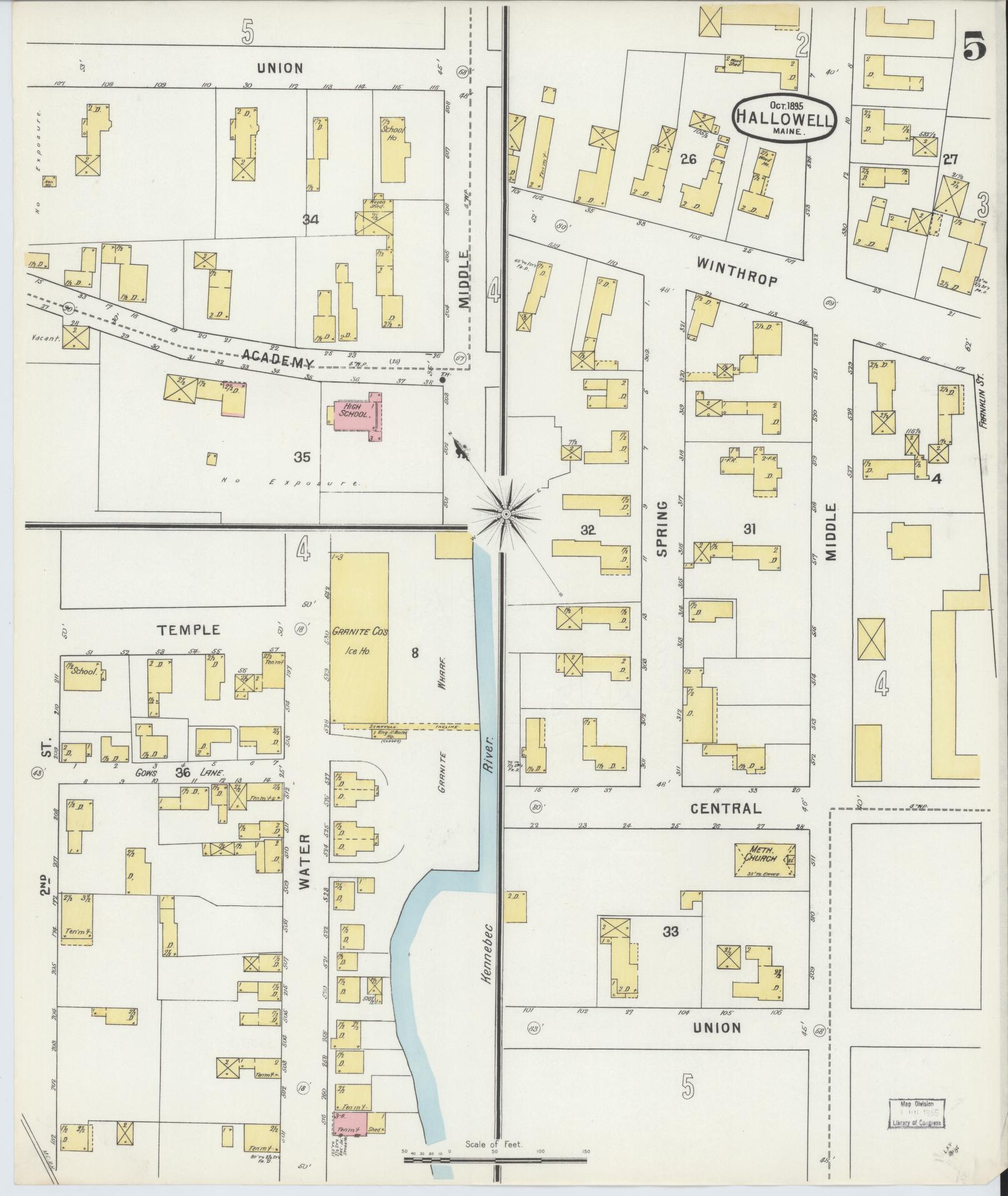 Sanborn Fire Insurance Map from Hallowell, Kennebec County, Maine (1895), Sheet #0005 - Complete Map Set gallery image, historic Sanborn map, vintage wall art, Maine Maine