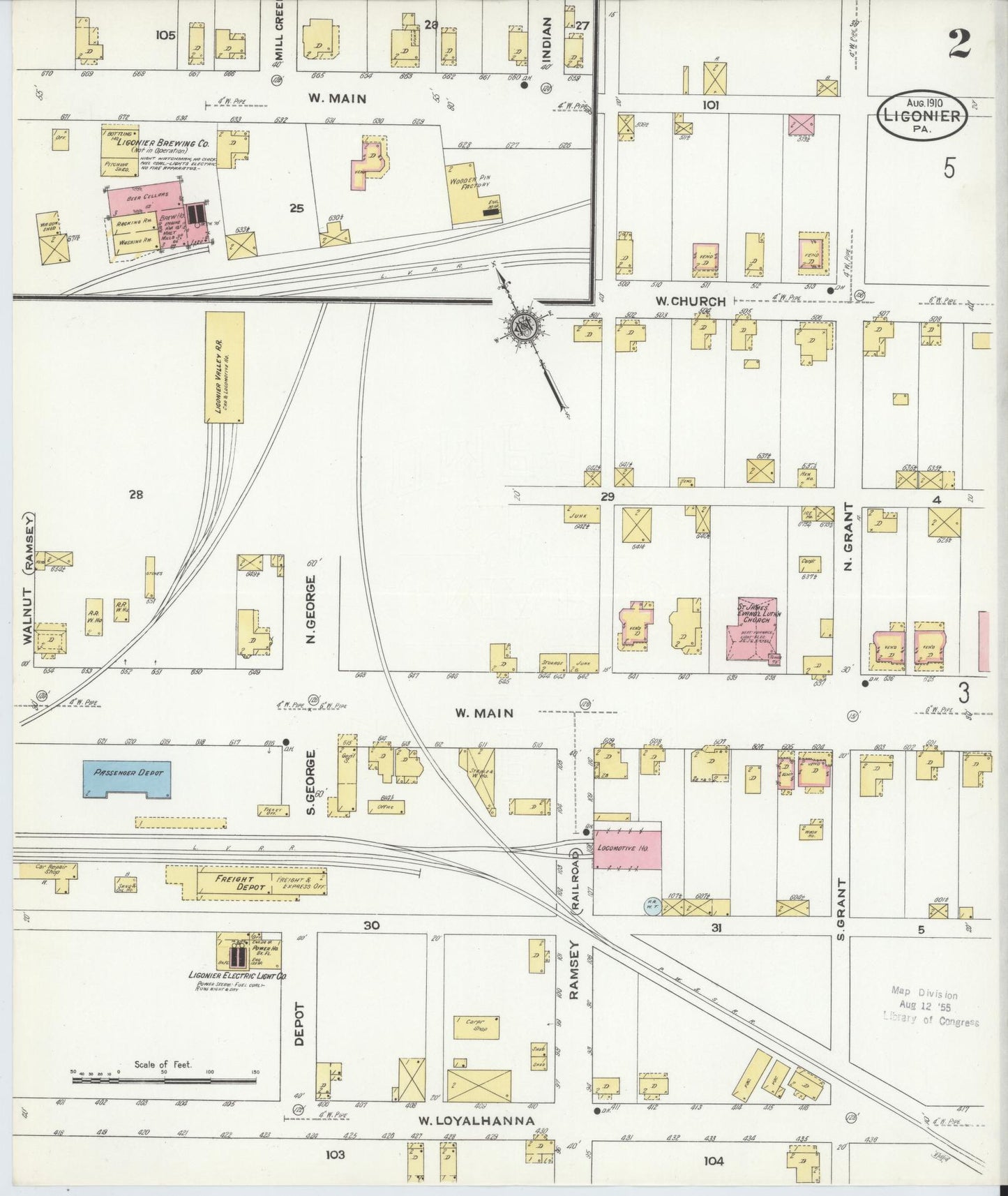 Sanborn Fire Insurance Map from Ligonier, Westmoreland County, Pennsylvania (1910), Sheet #0002 - Complete Map Set gallery image, historic Sanborn map, vintage wall art, Pennsylvania Pennsylvania