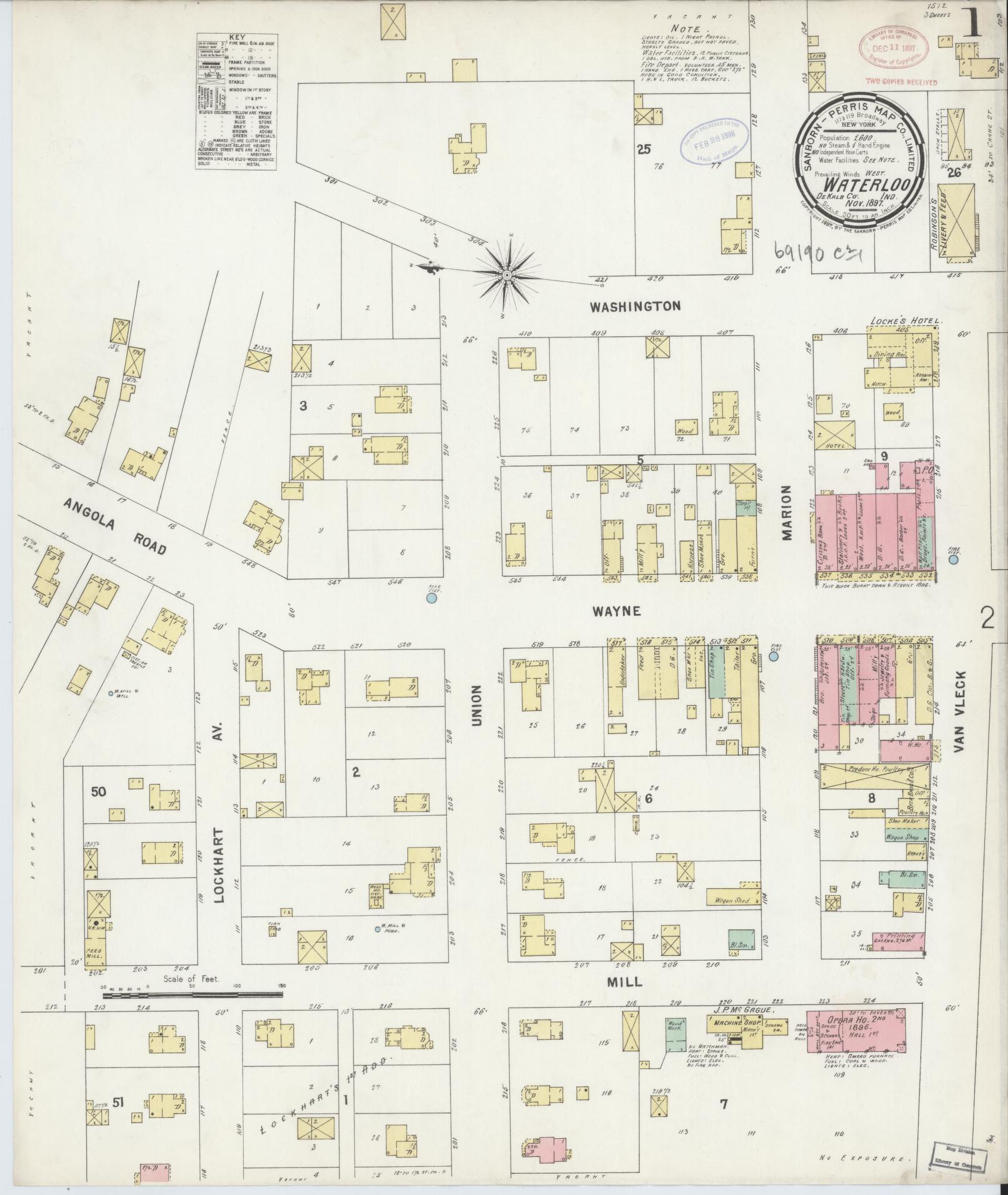 Sanborn Fire Insurance Map from Waterloo, De Kalb County, Indiana (1897), Sheet #0001 - Complete Map Set gallery image, historic Sanborn map, vintage wall art, Indiana Indiana