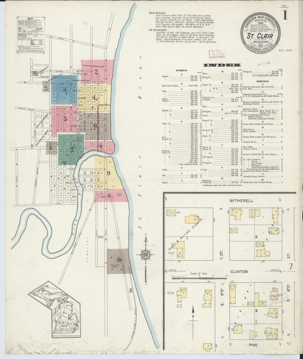 Sanborn Fire Insurance Map from Saint Clair, Saint Clair County, Michigan (1913), Sheet #0001 - Historic Sanborn Fire Insurance Map Print, vintage old map wall art, antique decor, genealogy gift, Michigan Michigan map