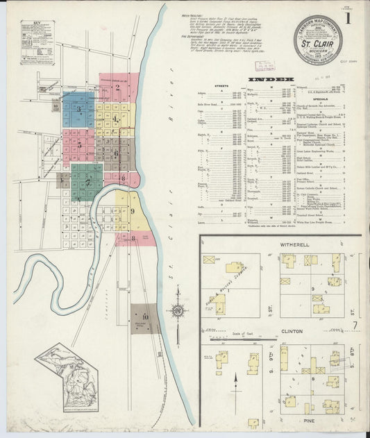 Sanborn Fire Insurance Map from Saint Clair, Saint Clair County, Michigan (1913), Sheet #0001 - Historic Sanborn Fire Insurance Map Print, vintage old map wall art, antique decor, genealogy gift, Michigan Michigan map