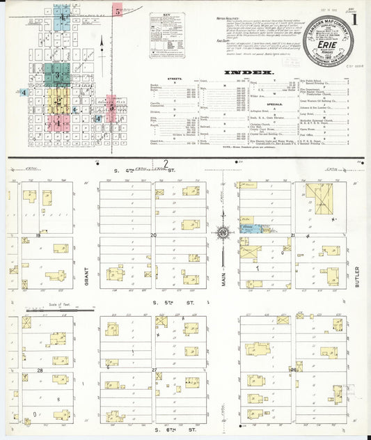 Sanborn Fire Insurance Map from Erie, Neosho County, Kansas (1912), Sheet #0001 - Historic Sanborn Fire Insurance Map Print, vintage old map wall art, antique decor, genealogy gift, Kansas Kansas map