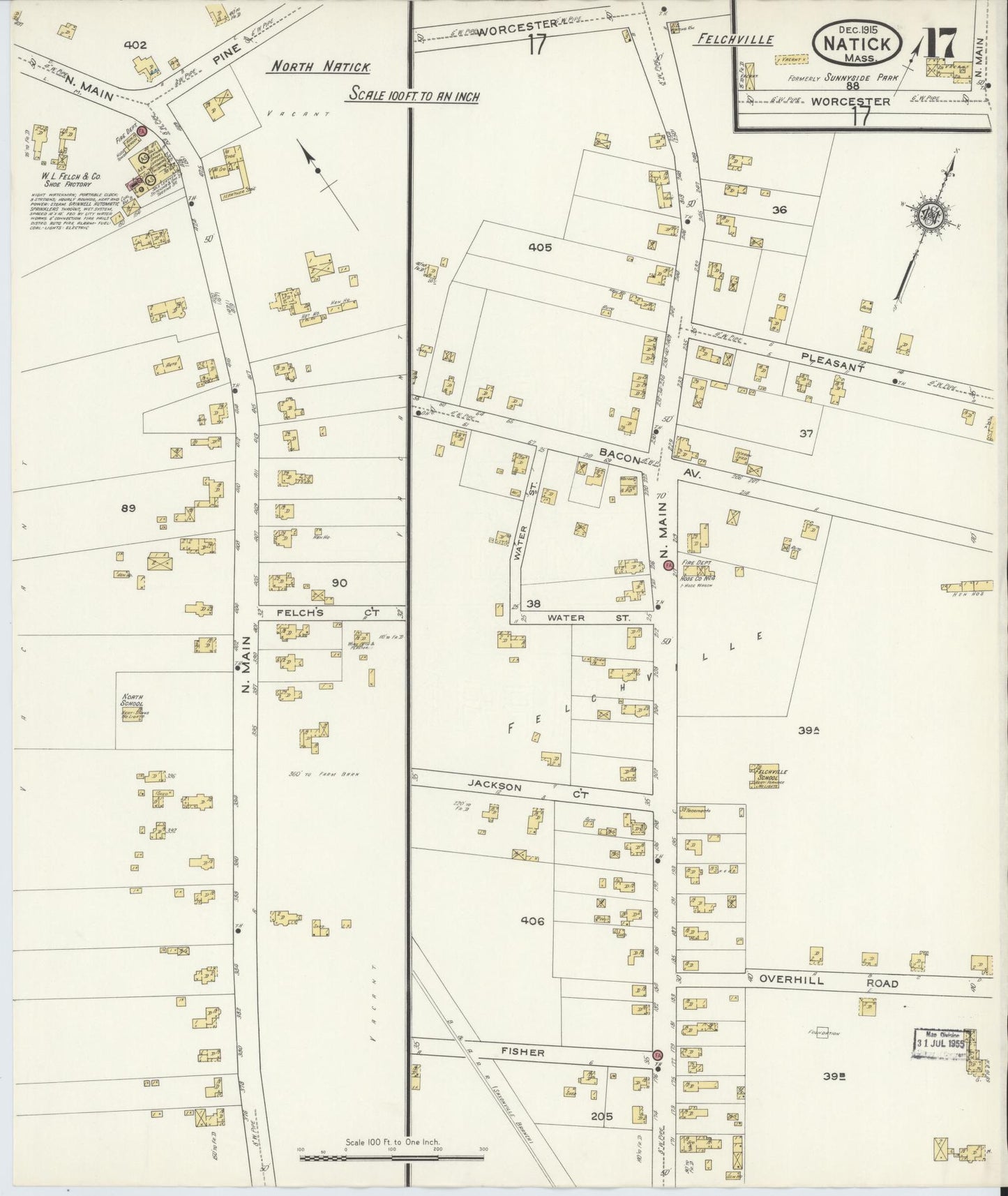 Sanborn Fire Insurance Map from Natick, Middlesex County, Massachusetts (1915), Sheet #0017 - Historic Sanborn Fire Insurance Map Print, vintage old map wall art, antique decor, genealogy gift, Massachusetts Massachusetts map