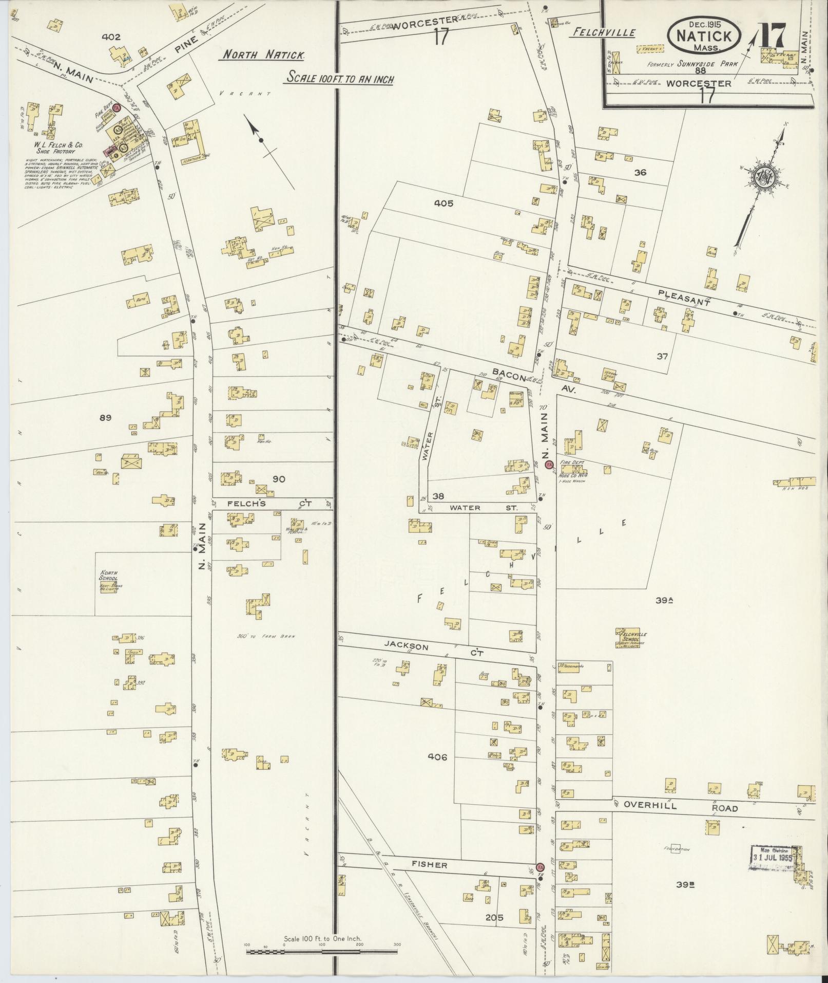 Sanborn Fire Insurance Map from Natick, Middlesex County, Massachusetts (1915), Sheet #0017 - Historic Sanborn Fire Insurance Map Print, vintage old map wall art, antique decor, genealogy gift, Massachusetts Massachusetts map