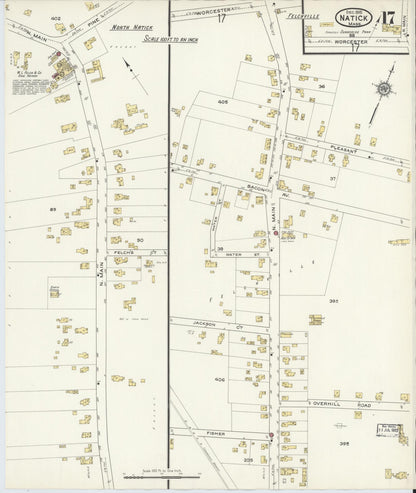 Sanborn Fire Insurance Map from Natick, Middlesex County, Massachusetts (1915), Sheet #0017 - Historic Sanborn Fire Insurance Map Print, vintage old map wall art, antique decor, genealogy gift, Massachusetts Massachusetts map