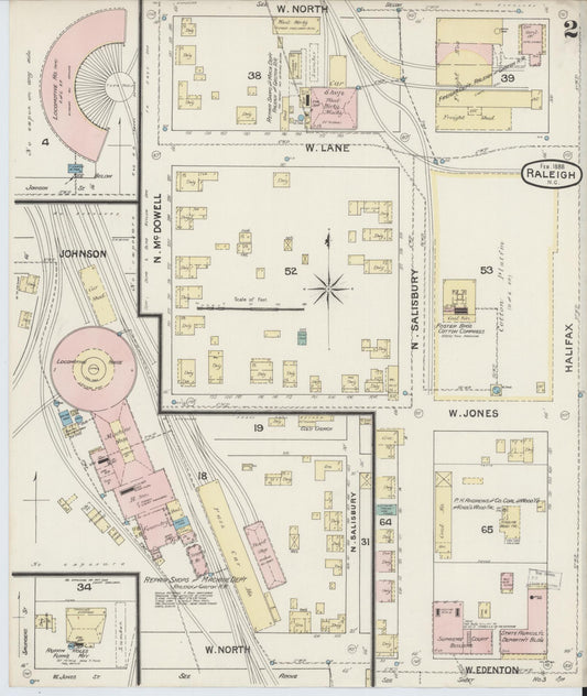 Sanborn Fire Insurance Map from Raleigh, Wake County, North Carolina (1888), Sheet #0002 - Historic Sanborn Fire Insurance Map Print, vintage old map wall art, antique decor, genealogy gift, North Carolina North Carolina map