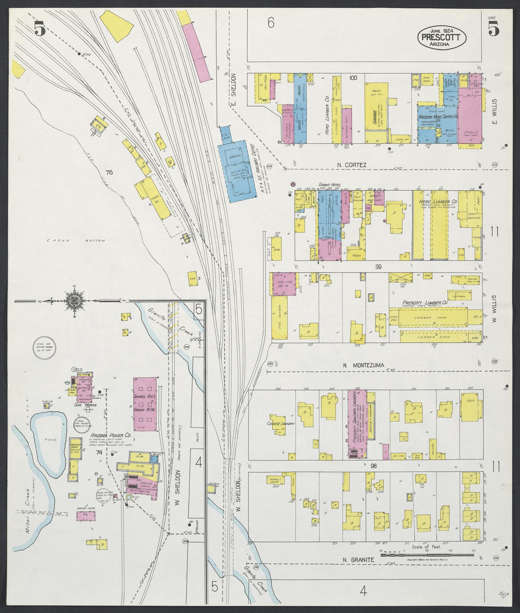Sanborn Fire Insurance Map from Prescott, Yavapai County, Arizona (1924), Sheet #0005 - Historic Sanborn Fire Insurance Map Print, vintage old map wall art, antique decor, genealogy gift, Arizona Arizona map