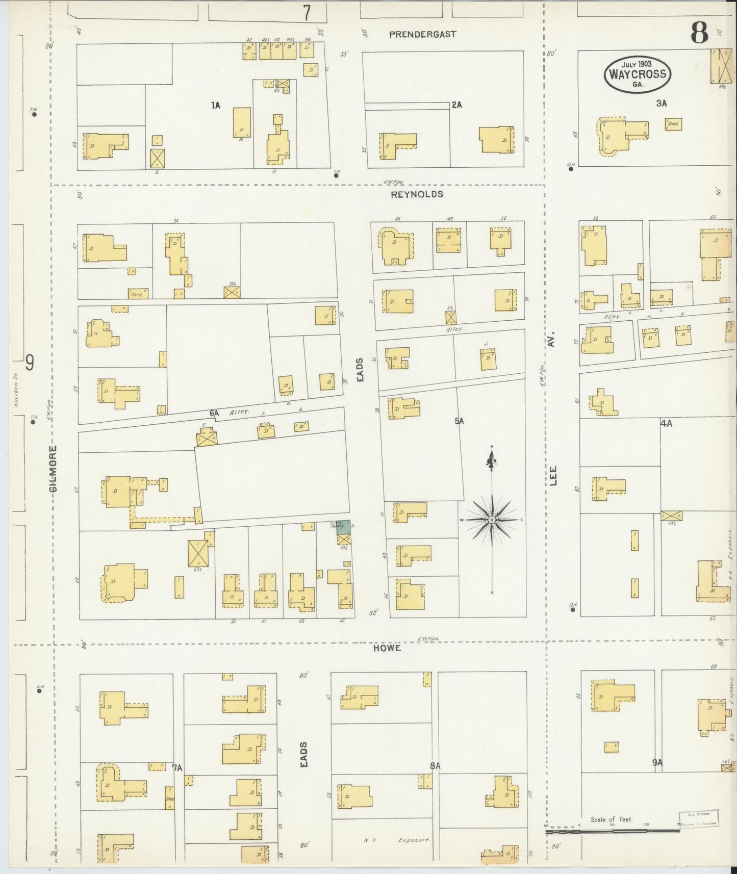 Sanborn Fire Insurance Map from Waycross, Ware County, Georgia (1903), Sheet #0008 - Historic Sanborn Fire Insurance Map Print, vintage old map wall art, antique decor, genealogy gift, Georgia Georgia map