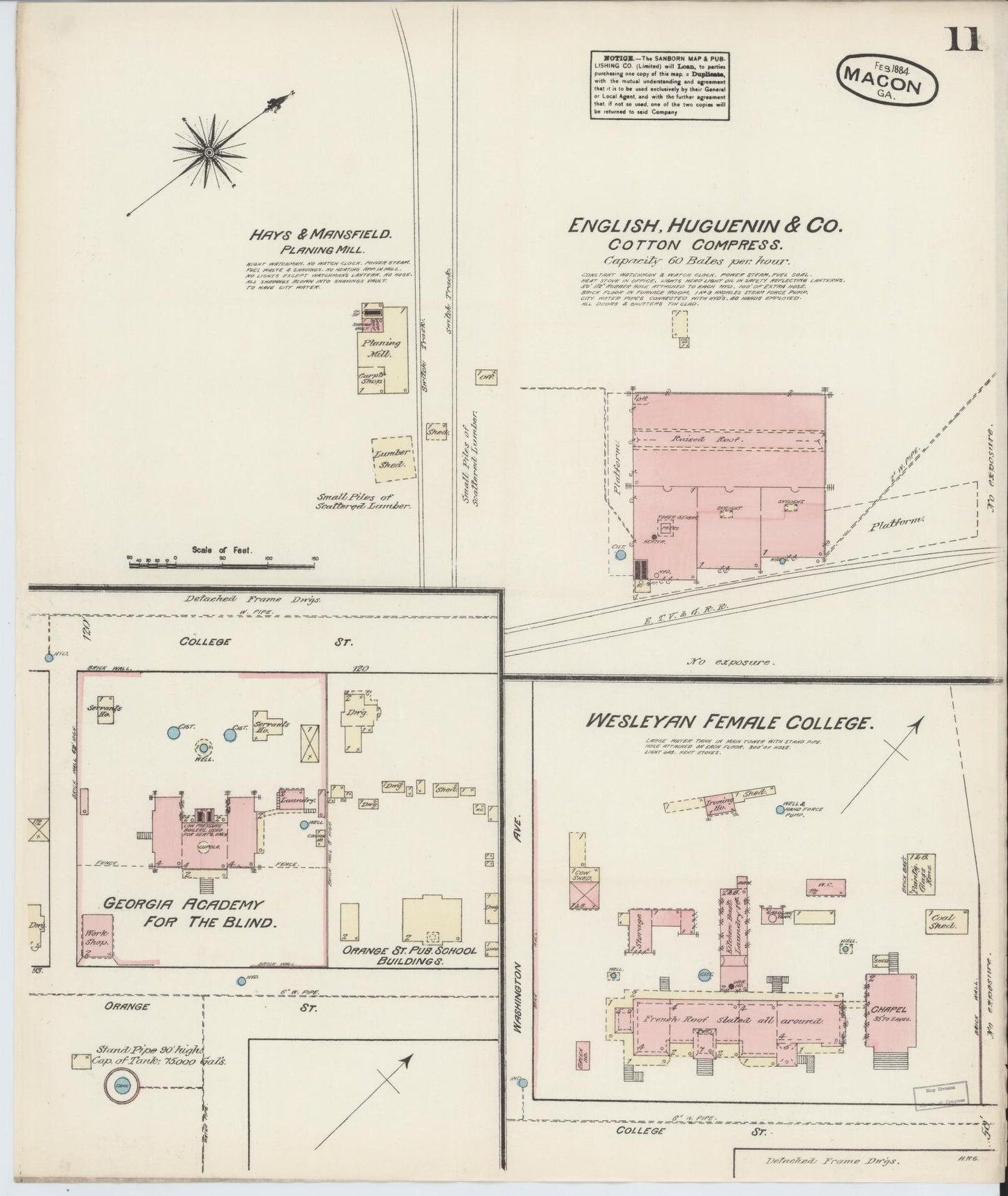 Sanborn Fire Insurance Map from Macon, Bibb and Jones County, Georgia (1884), Sheet #0011 - Complete Map Set gallery image, historic Sanborn map, vintage wall art, Georgia Georgia