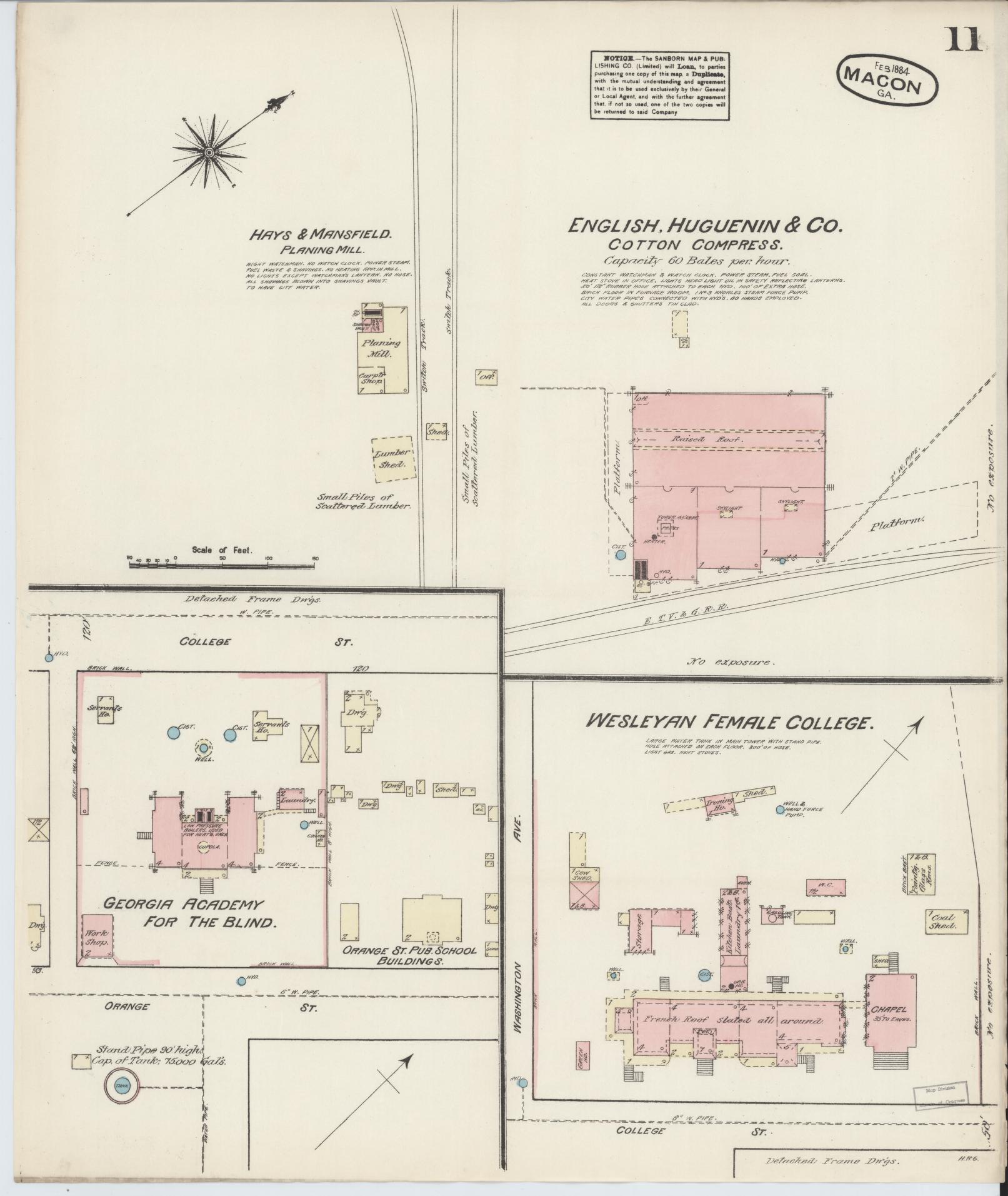 Sanborn Fire Insurance Map from Macon, Bibb and Jones County, Georgia (1884), Sheet #0011 - Complete Map Set gallery image, historic Sanborn map, vintage wall art, Georgia Georgia