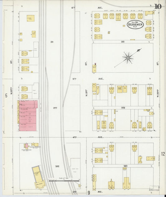Sanborn Fire Insurance Map from Bessemer, Jefferson County, Alabama (1904), Sheet #0010 - Historic Sanborn Fire Insurance Map Print, vintage old map wall art, antique decor, genealogy gift, Alabama Alabama map