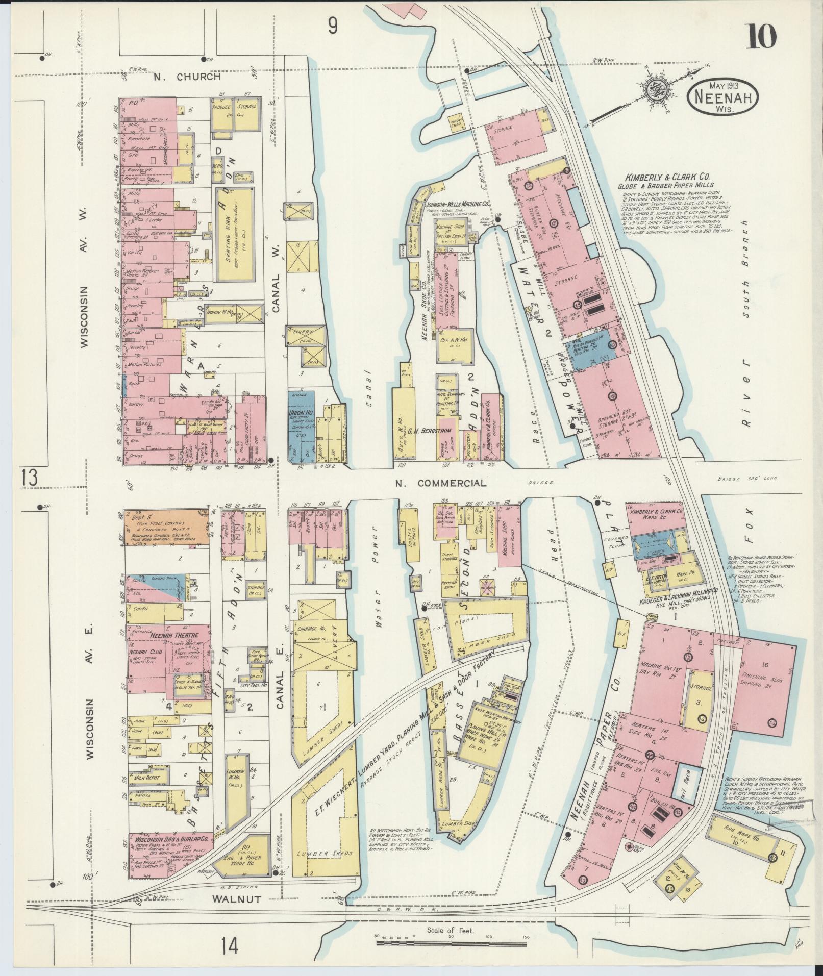 Sanborn Fire Insurance Map from Neenah, Winnebago County, Wisconsin (1913), Sheet #0010 - Historic Sanborn Fire Insurance Map Print, vintage old map wall art, antique decor, genealogy gift, Wisconsin Wisconsin map