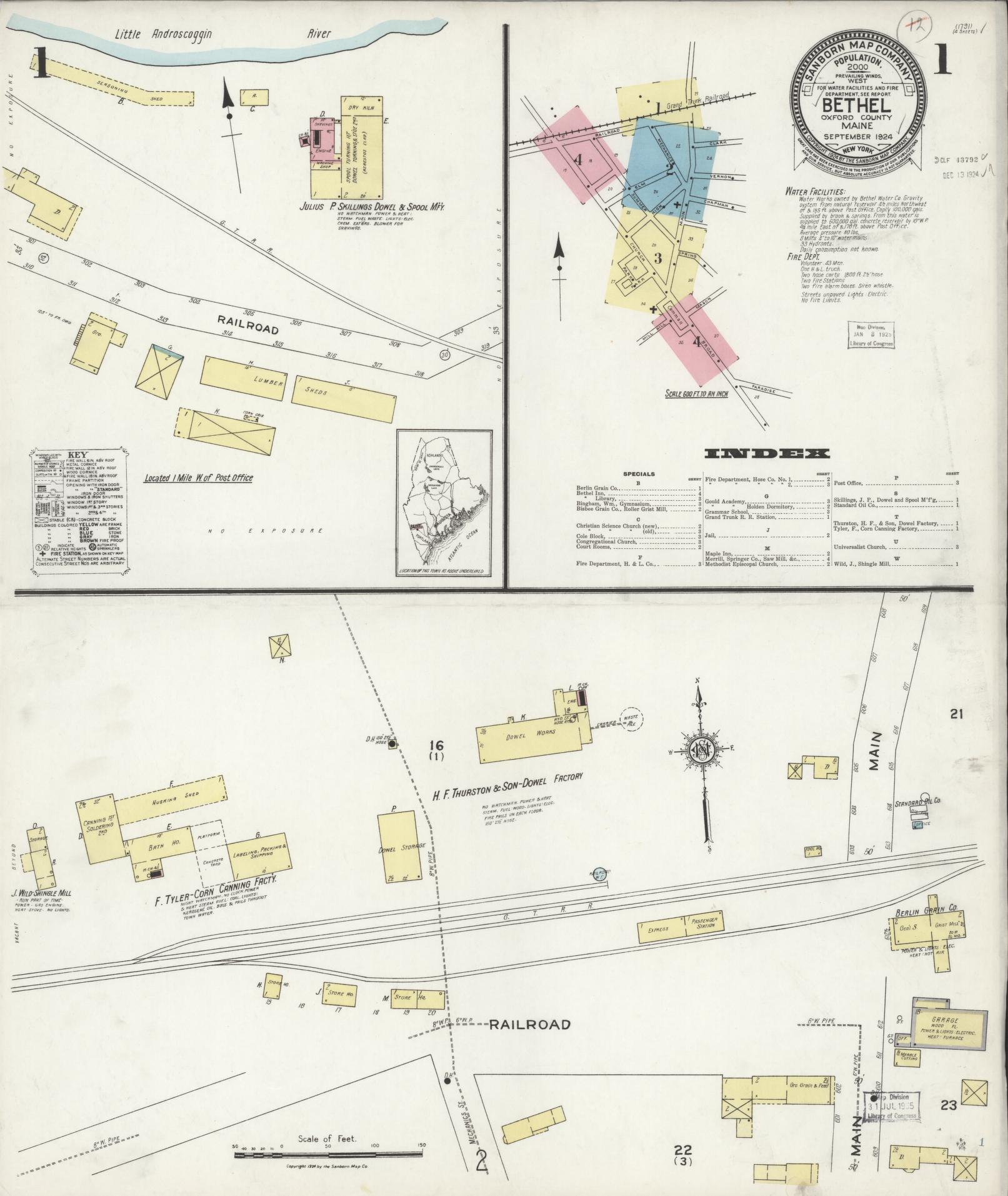 Sanborn Fire Insurance Map from Bethel, Oxford County, Maine (1924), Sheet #0001 - Complete Map Set gallery image, historic Sanborn map, vintage wall art, Maine Maine
