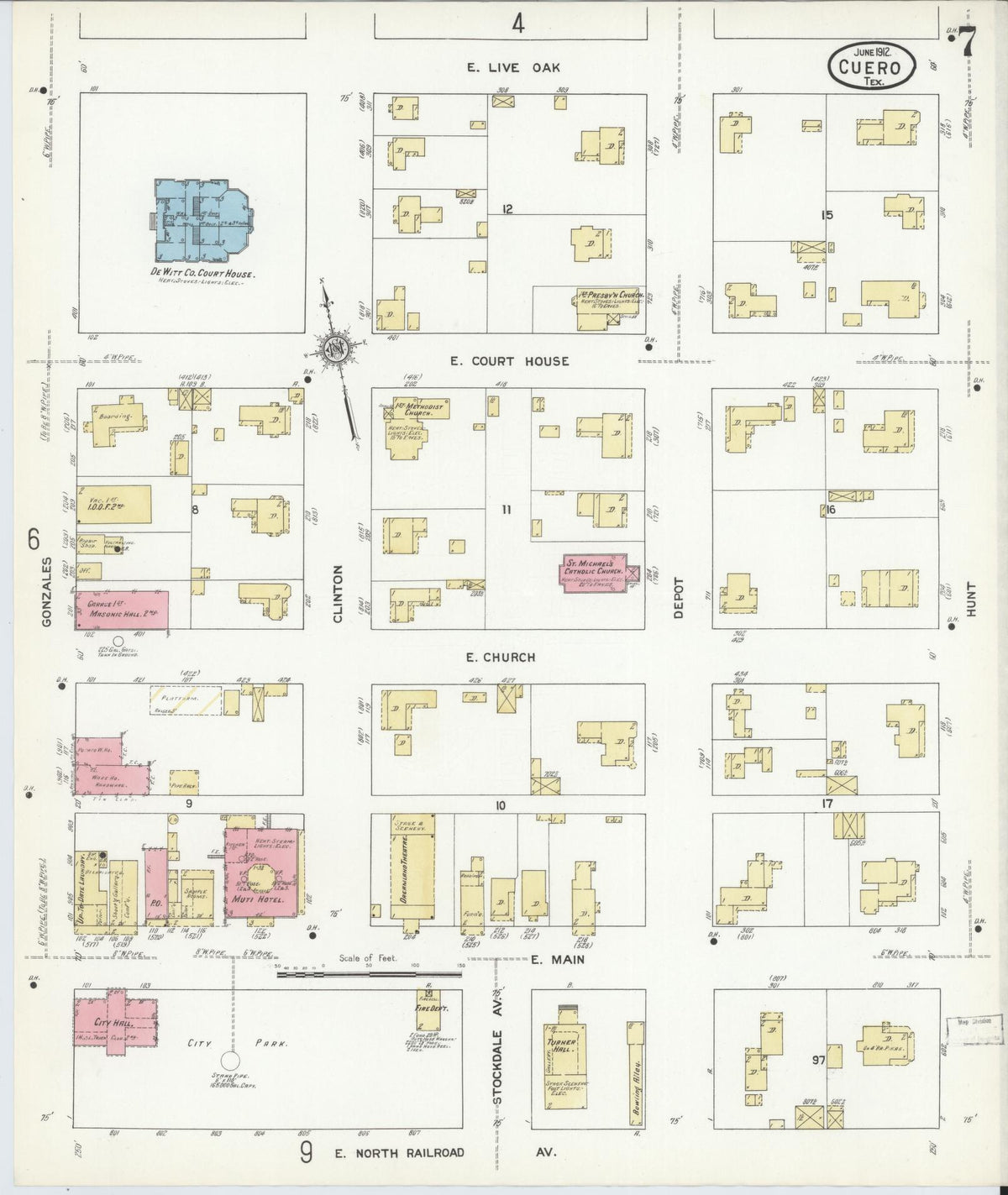 Sanborn Fire Insurance Map from Cuero, De Witt County, Texas (1912), Sheet #0007 - Complete Map Set gallery image, historic Sanborn map, vintage wall art, Texas Texas
