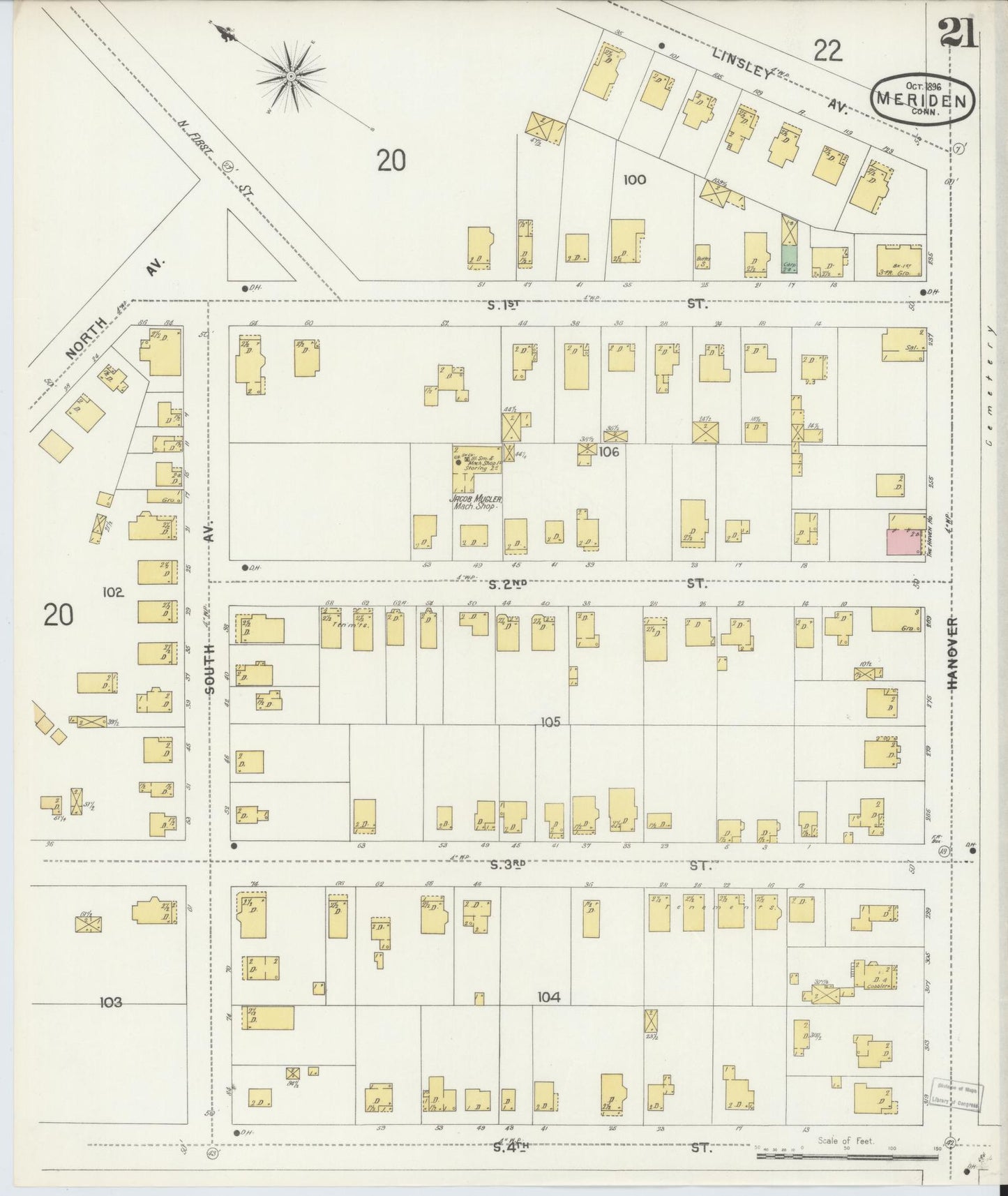Sanborn Fire Insurance Map from Meriden, New Haven County, Connecticut (1896), Sheet #0021 - Historic Sanborn Fire Insurance Map Print, vintage old map wall art, antique decor, genealogy gift, Connecticut Connecticut map