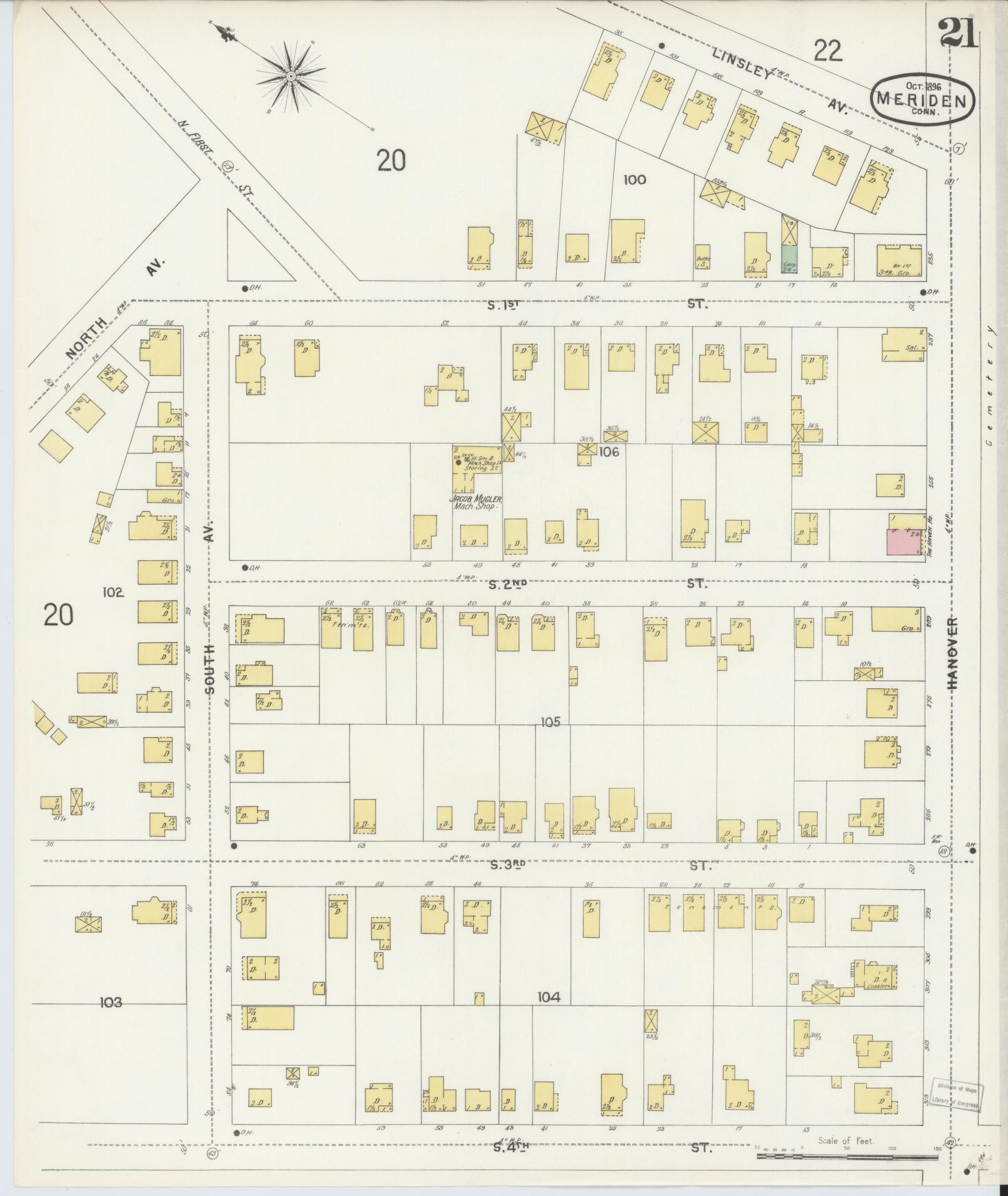 Sanborn Fire Insurance Map from Meriden, New Haven County, Connecticut (1896), Sheet #0021 - Historic Sanborn Fire Insurance Map Print, vintage old map wall art, antique decor, genealogy gift, Connecticut Connecticut map