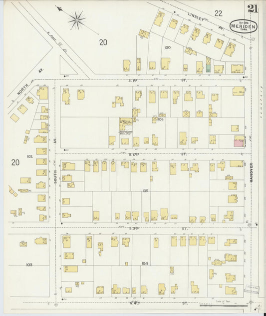 Sanborn Fire Insurance Map from Meriden, New Haven County, Connecticut (1896), Sheet #0021 - Historic Sanborn Fire Insurance Map Print, vintage old map wall art, antique decor, genealogy gift, Connecticut Connecticut map