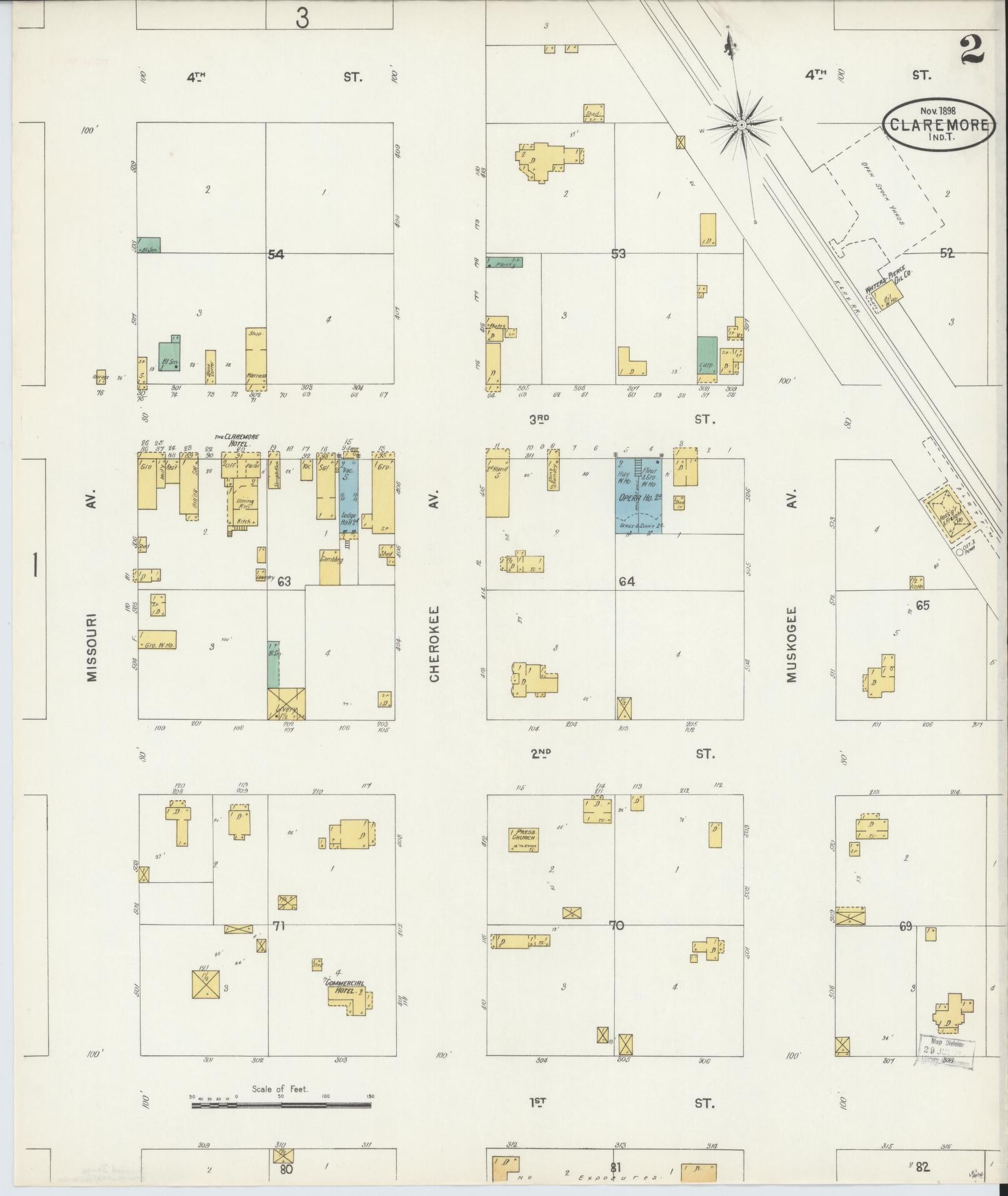Sanborn Fire Insurance Map from Claremore, Rogers County, Oklahoma (1898), Sheet #0002 - Complete Map Set gallery image, historic Sanborn map, vintage wall art, Oklahoma Oklahoma