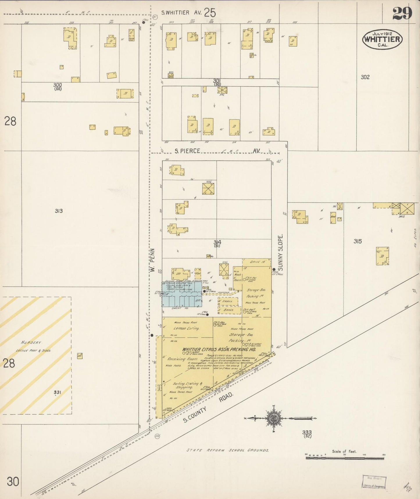 Sanborn Fire Insurance Map from Whittier, Los Angeles County, California (1912), Sheet #0029 - Complete Map Set gallery image, historic Sanborn map, vintage wall art, California California