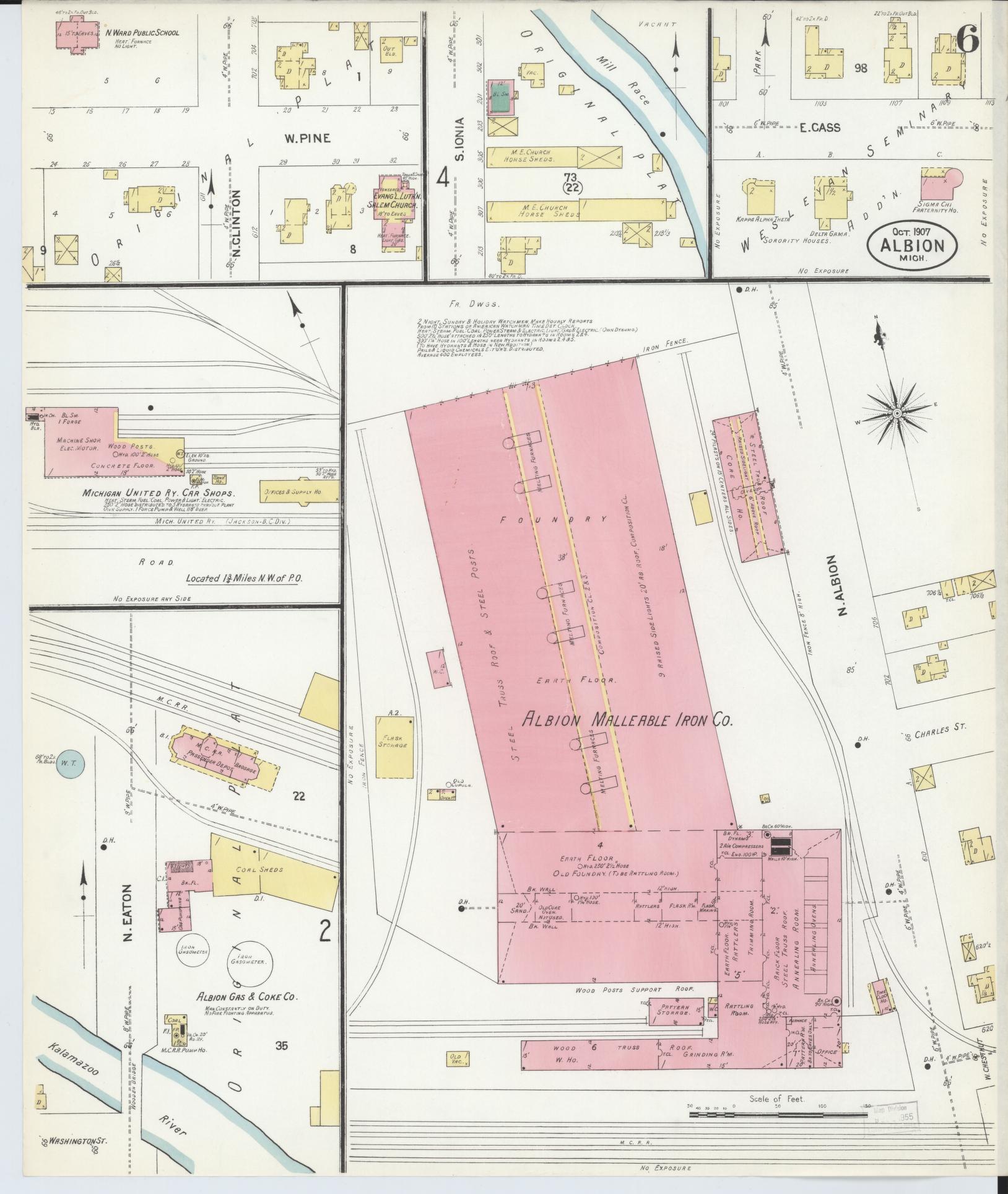 Sanborn Fire Insurance Map from Albion, Calhoun County, Michigan (1907), Sheet #0006 - Historic Sanborn Fire Insurance Map Print, vintage old map wall art, antique decor, genealogy gift, Michigan Michigan map