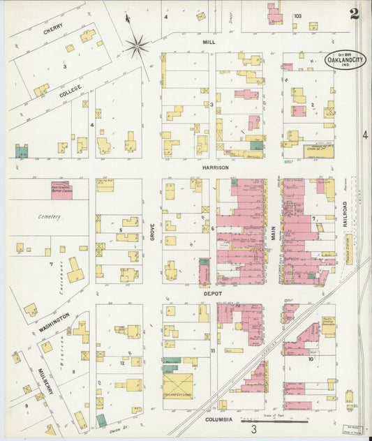 Sanborn Fire Insurance Map from Oakland City, Gibson County, Indiana (1899), Sheet #0002 - Historic Sanborn Fire Insurance Map Print, vintage old map wall art, antique decor, genealogy gift, Indiana Indiana map