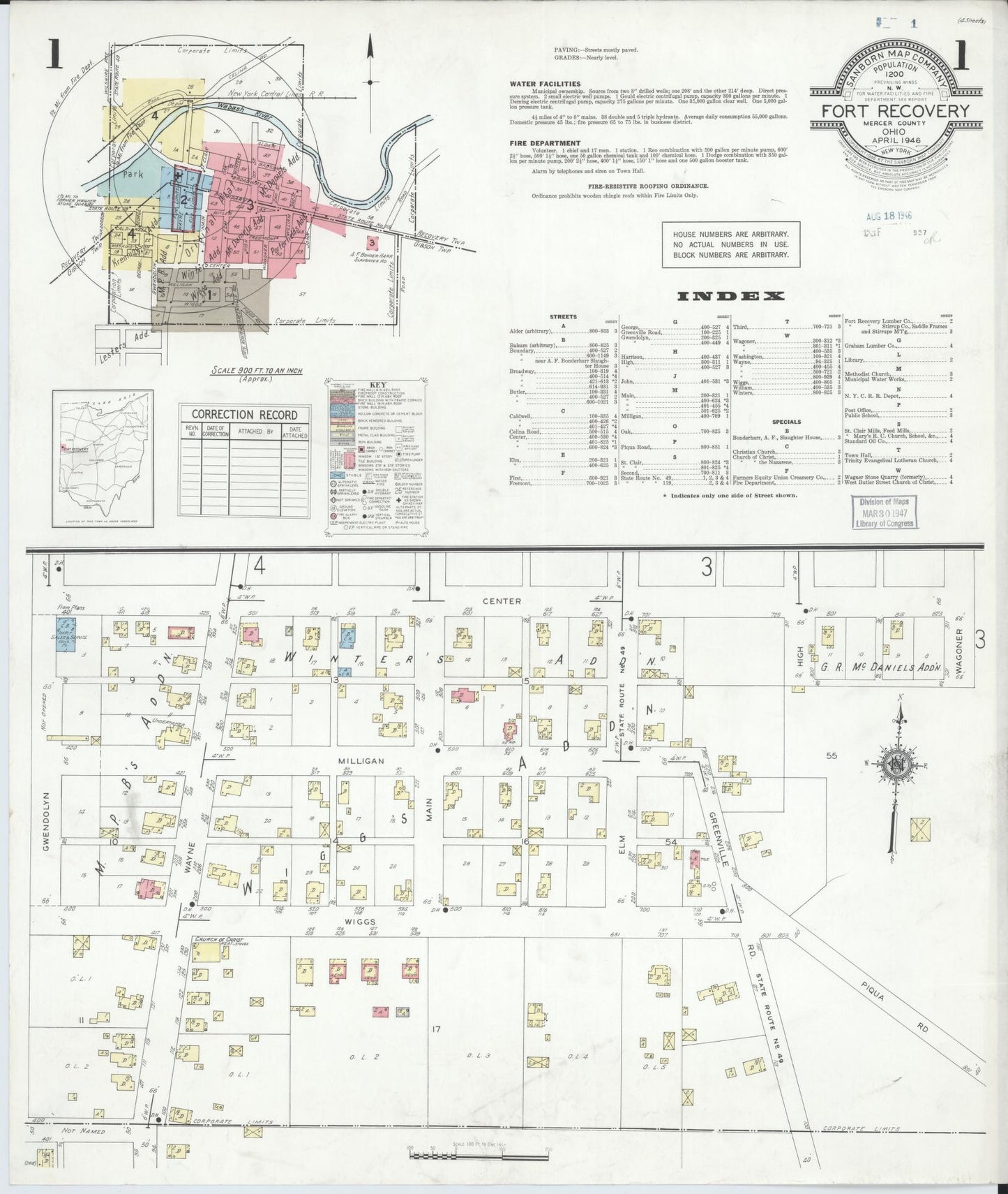 Sanborn Fire Insurance Map from Fort Recovery, Mercer County, Ohio (1946), Sheet #0001 - Historic Sanborn Fire Insurance Map Print, vintage old map wall art, antique decor, genealogy gift, Ohio Ohio map