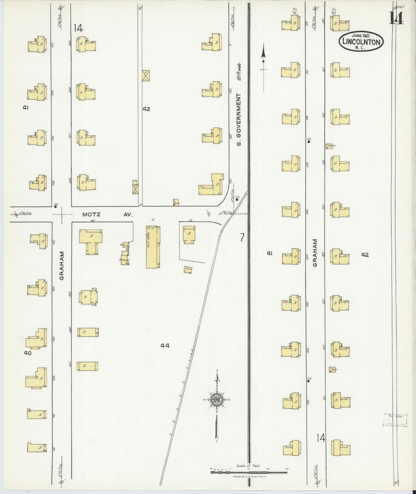 Sanborn Fire Insurance Map from Lincolnton, Lincoln County, North Carolina (1921), Sheet #0014 - Historic Sanborn Fire Insurance Map Print, vintage old map wall art, antique decor, genealogy gift, North Carolina North Carolina map