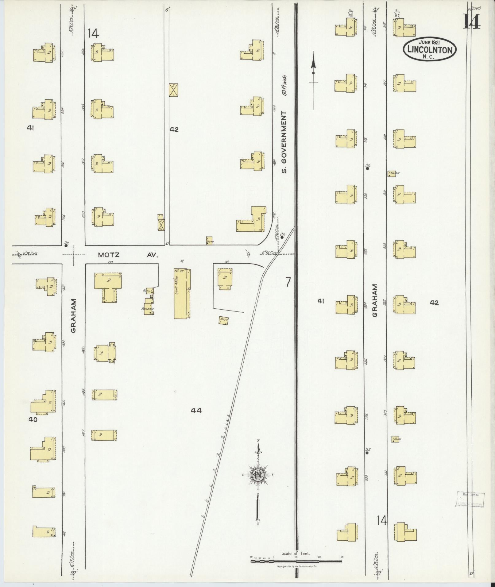 Sanborn Fire Insurance Map from Lincolnton, Lincoln County, North Carolina (1921), Sheet #0014 - Historic Sanborn Fire Insurance Map Print, vintage old map wall art, antique decor, genealogy gift, North Carolina North Carolina map