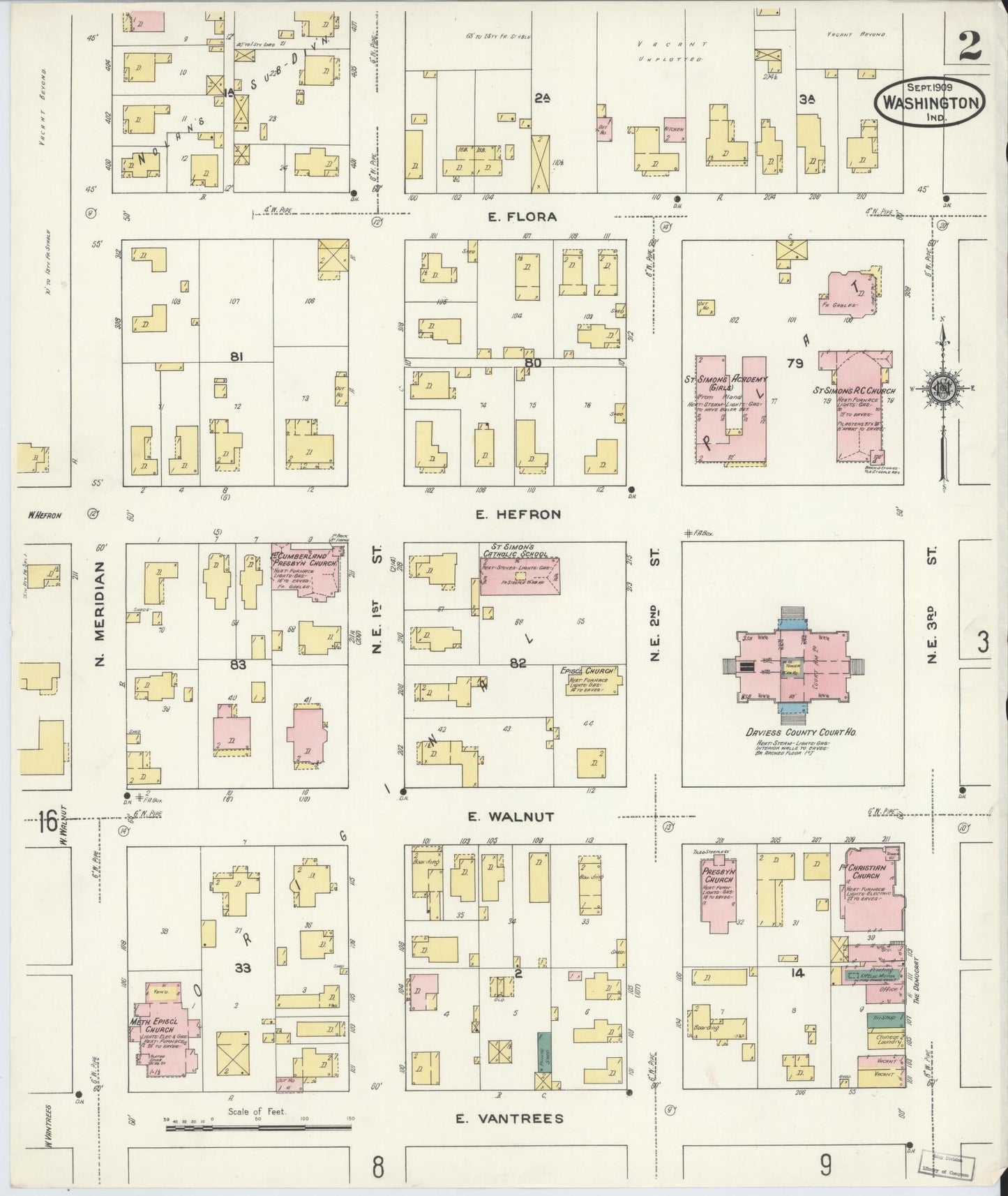Sanborn Fire Insurance Map from Washington, Daviess County, Indiana (1909), Sheet #0002 - Historic Sanborn Fire Insurance Map Print, vintage old map wall art, antique decor, genealogy gift, Indiana Indiana map