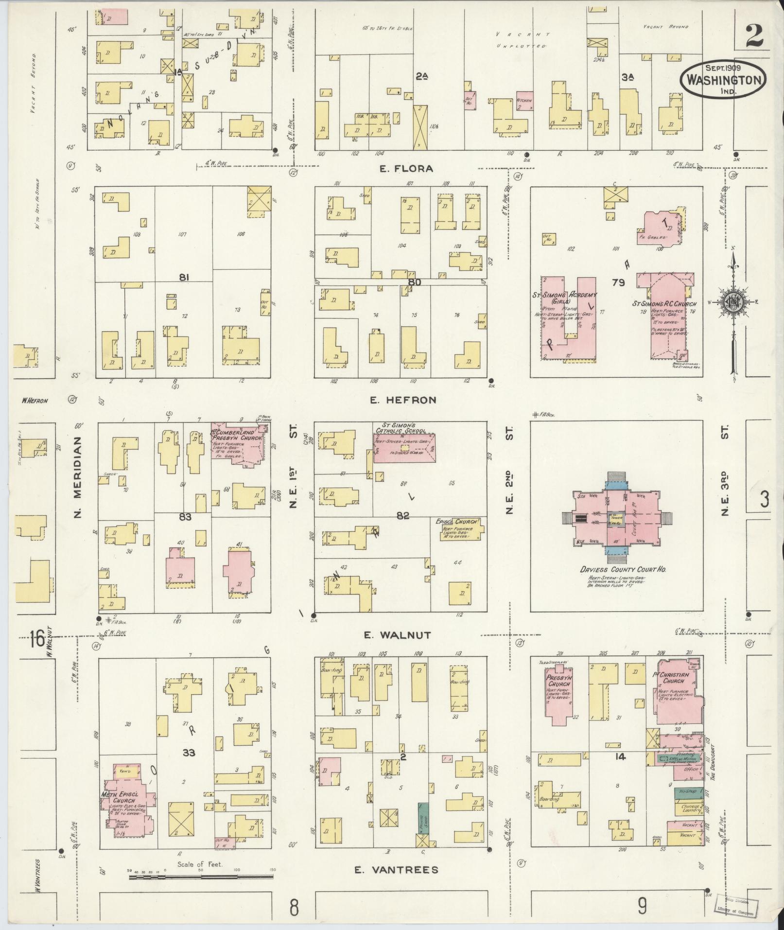 Sanborn Fire Insurance Map from Washington, Daviess County, Indiana (1909), Sheet #0002 - Historic Sanborn Fire Insurance Map Print, vintage old map wall art, antique decor, genealogy gift, Indiana Indiana map