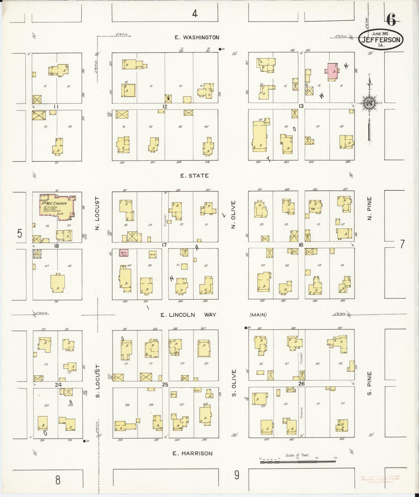Sanborn Fire Insurance Map from Jefferson, Greene County, Iowa (1915), Sheet #0006 - Historic Sanborn Fire Insurance Map Print, vintage old map wall art