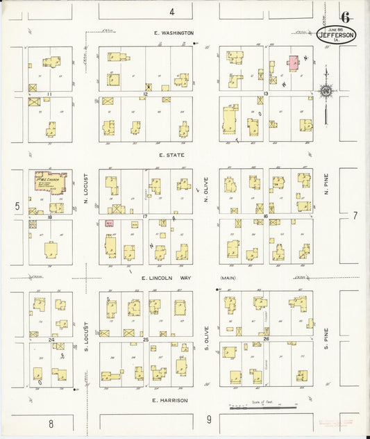 Sanborn Fire Insurance Map from Jefferson, Greene County, Iowa (1915), Sheet #0006 - Historic Sanborn Fire Insurance Map Print, vintage old map wall art