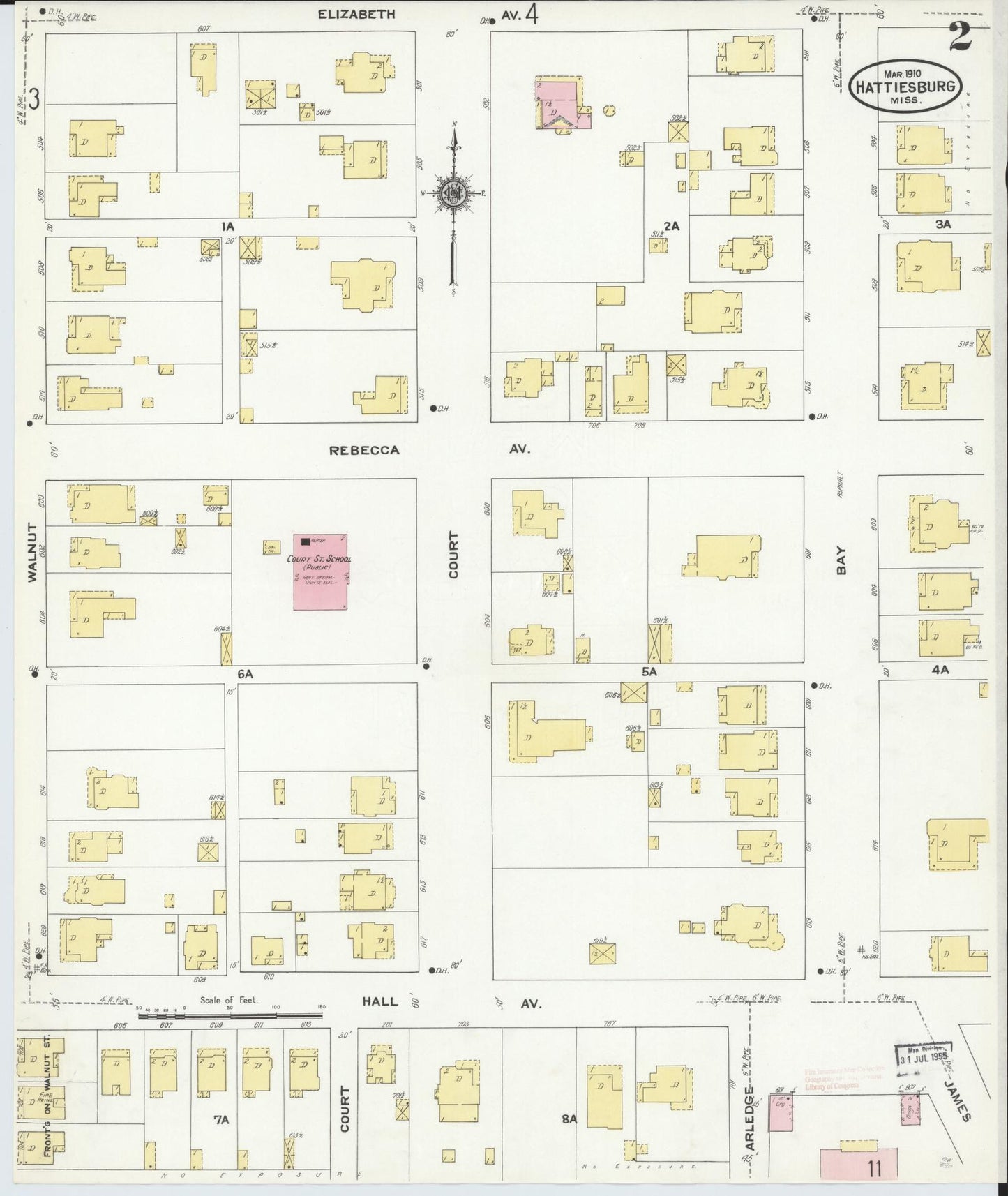 Sanborn Fire Insurance Map from Hattiesburg, Forrest County, Mississippi (1910), Sheet #0002 - Complete Map Set gallery image, historic Sanborn map, vintage wall art, Mississippi Mississippi
