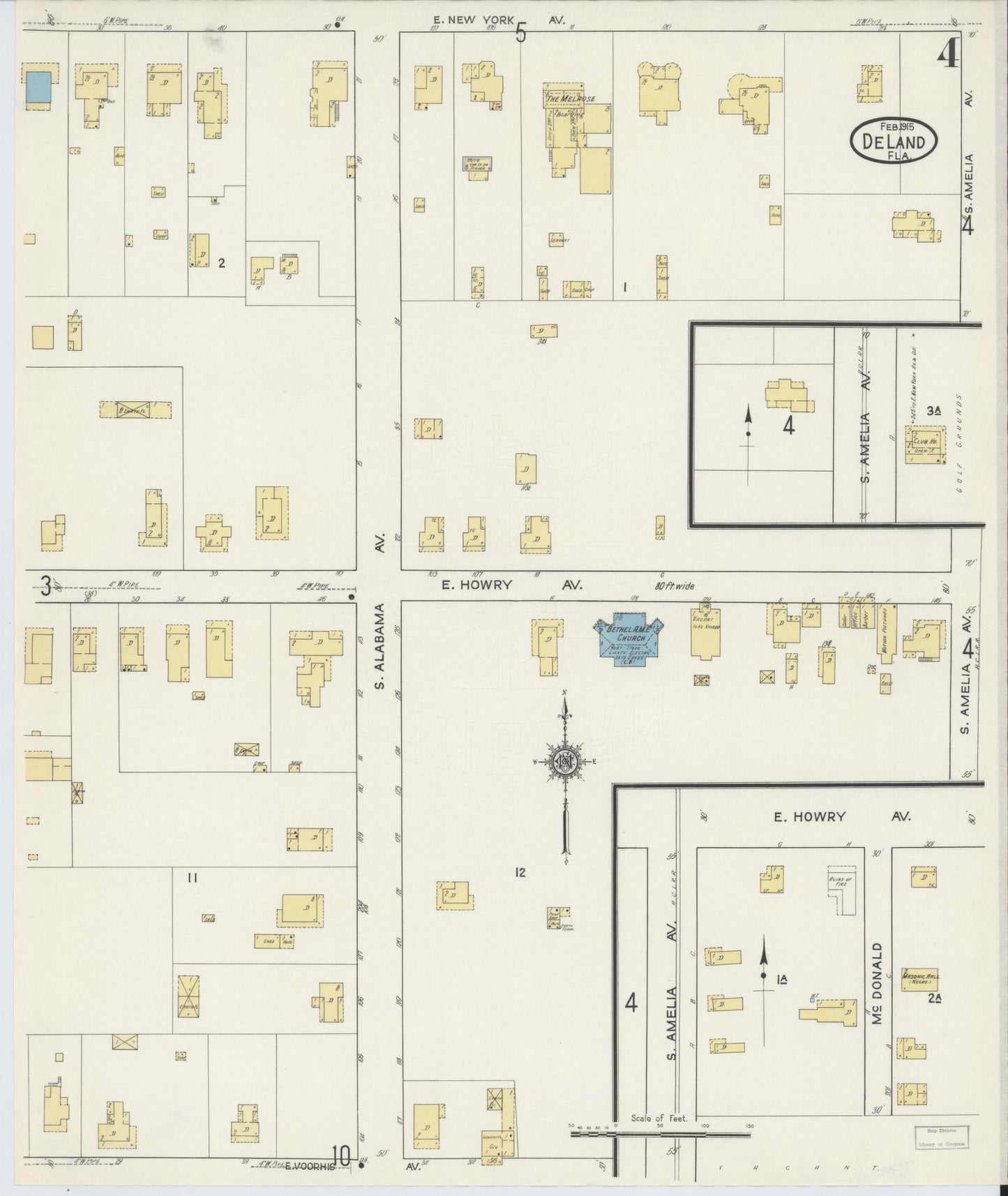 Sanborn Fire Insurance Map from De Land, Volusia County, Florida (1915), Sheet #0004 - Complete Map Set gallery image, historic Sanborn map, vintage wall art, Florida Florida