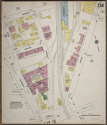Sanborn Fire Insurance Map from Worcester, Worcester County, Massachusetts (1910), Sheet #0134 - Historic Sanborn Fire Insurance Map Print, vintage old map wall art, antique decor, genealogy gift, Massachusetts Massachusetts map