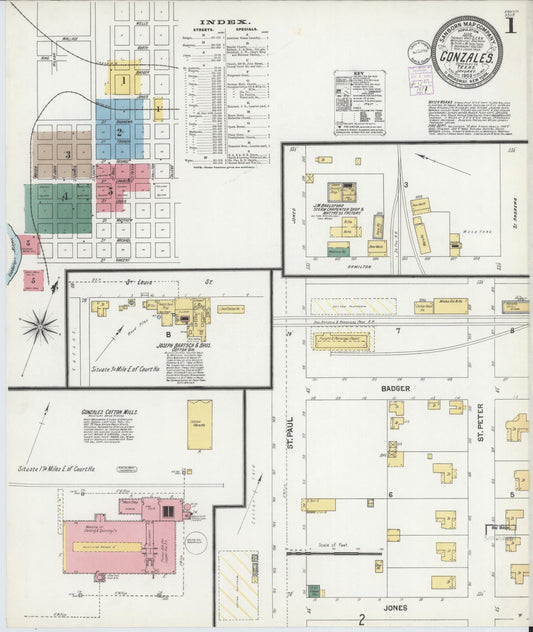 Sanborn Fire Insurance Map from Gonzales, Gonzales County, Texas (1902), Sheet #0001 - Historic Sanborn Fire Insurance Map Print, vintage old map wall art, antique decor, genealogy gift, Texas Texas map