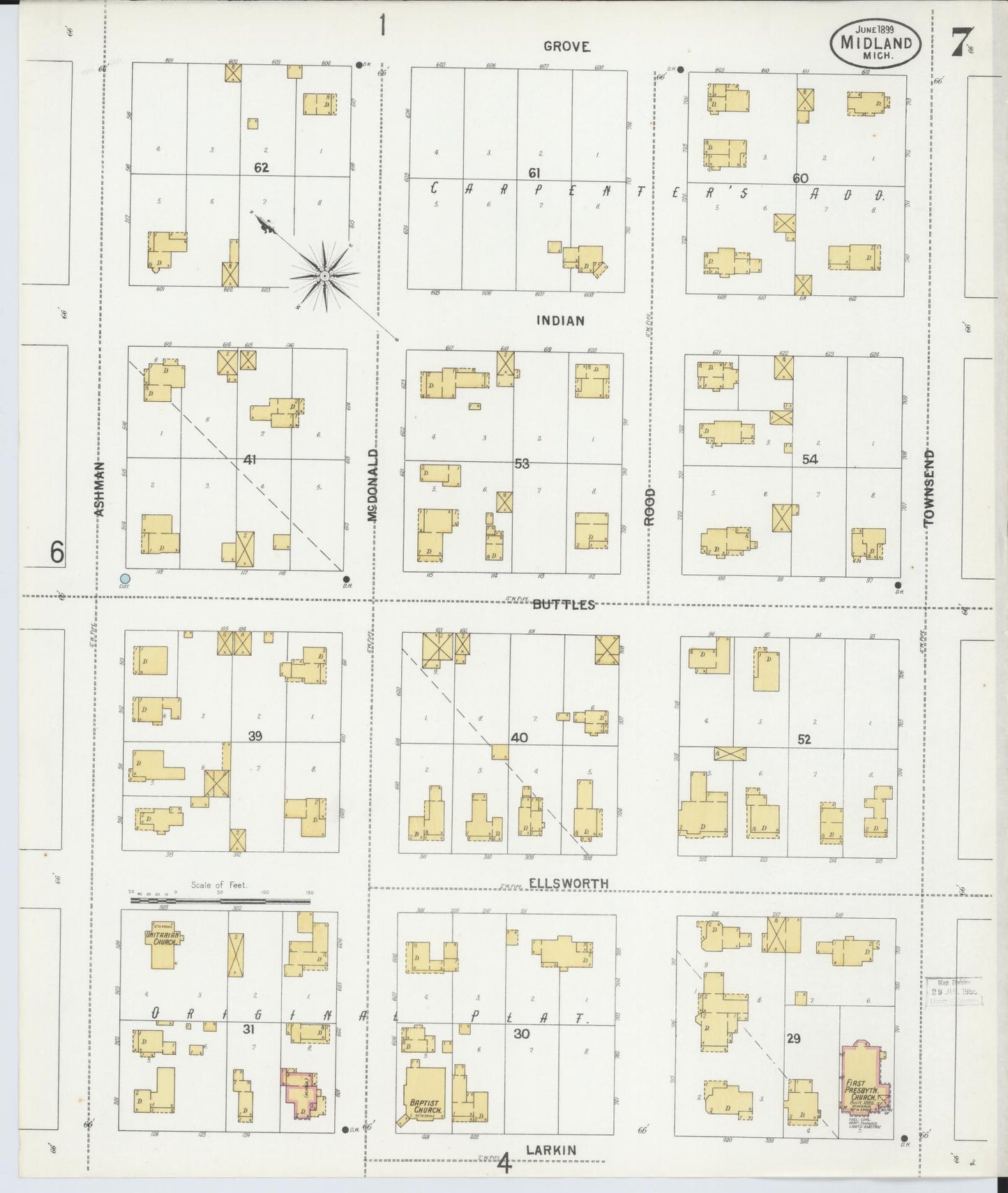 Sanborn Fire Insurance Map from Midland, Midland County, Michigan (1899), Sheet #0007 - Historic Sanborn Fire Insurance Map Print, vintage old map wall art, antique decor, genealogy gift, Michigan Michigan map