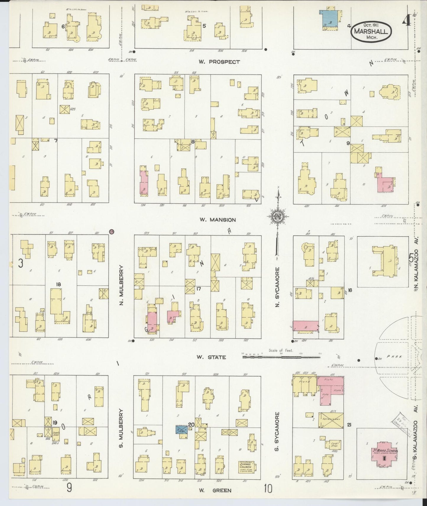 Sanborn Fire Insurance Map from Marshall, Calhoun County, Michigan (1911), Sheet #0004 - Historic Sanborn Fire Insurance Map Print, vintage old map wall art, antique decor, genealogy gift, Michigan Michigan map