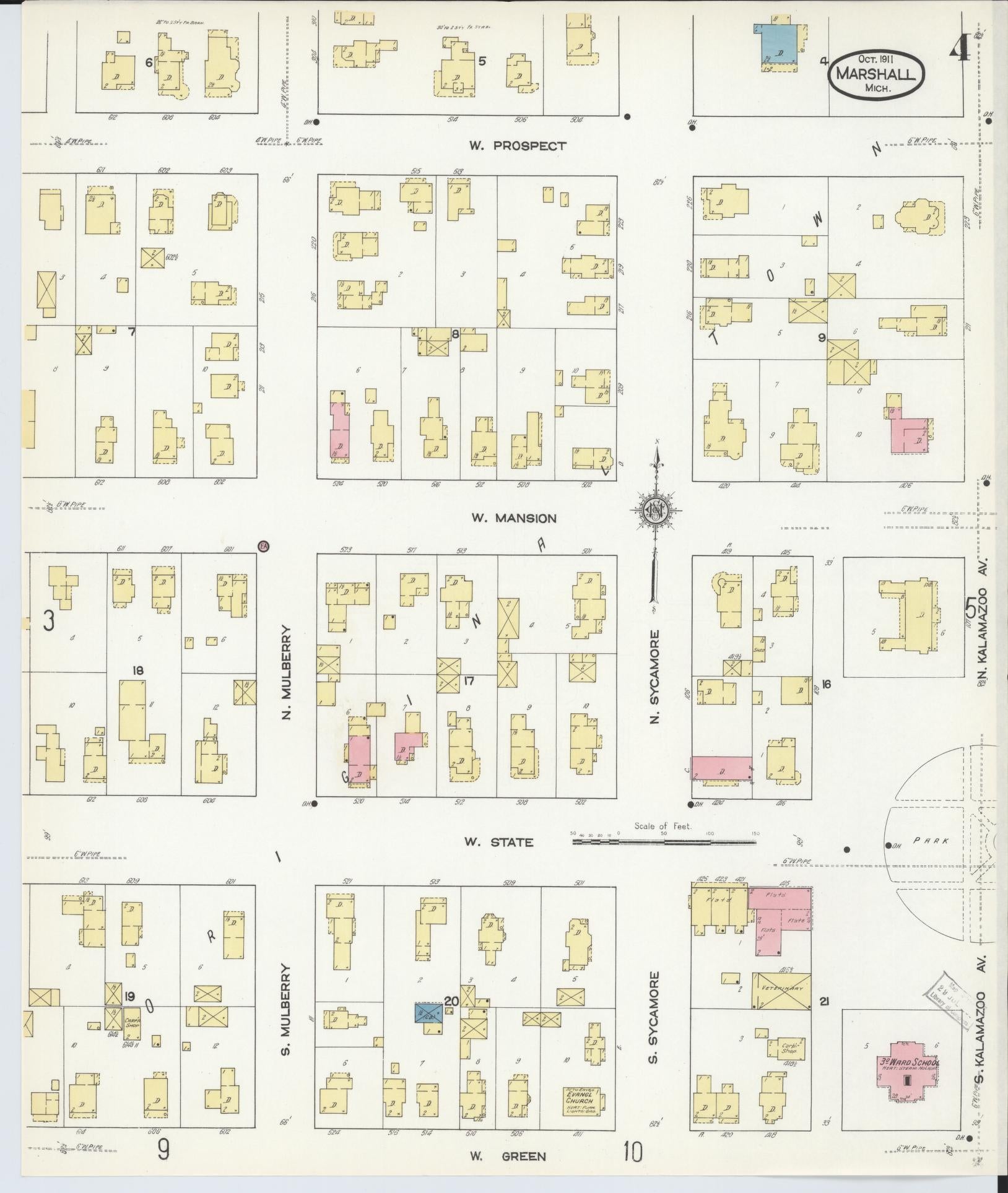 Sanborn Fire Insurance Map from Marshall, Calhoun County, Michigan (1911), Sheet #0004 - Historic Sanborn Fire Insurance Map Print, vintage old map wall art, antique decor, genealogy gift, Michigan Michigan map