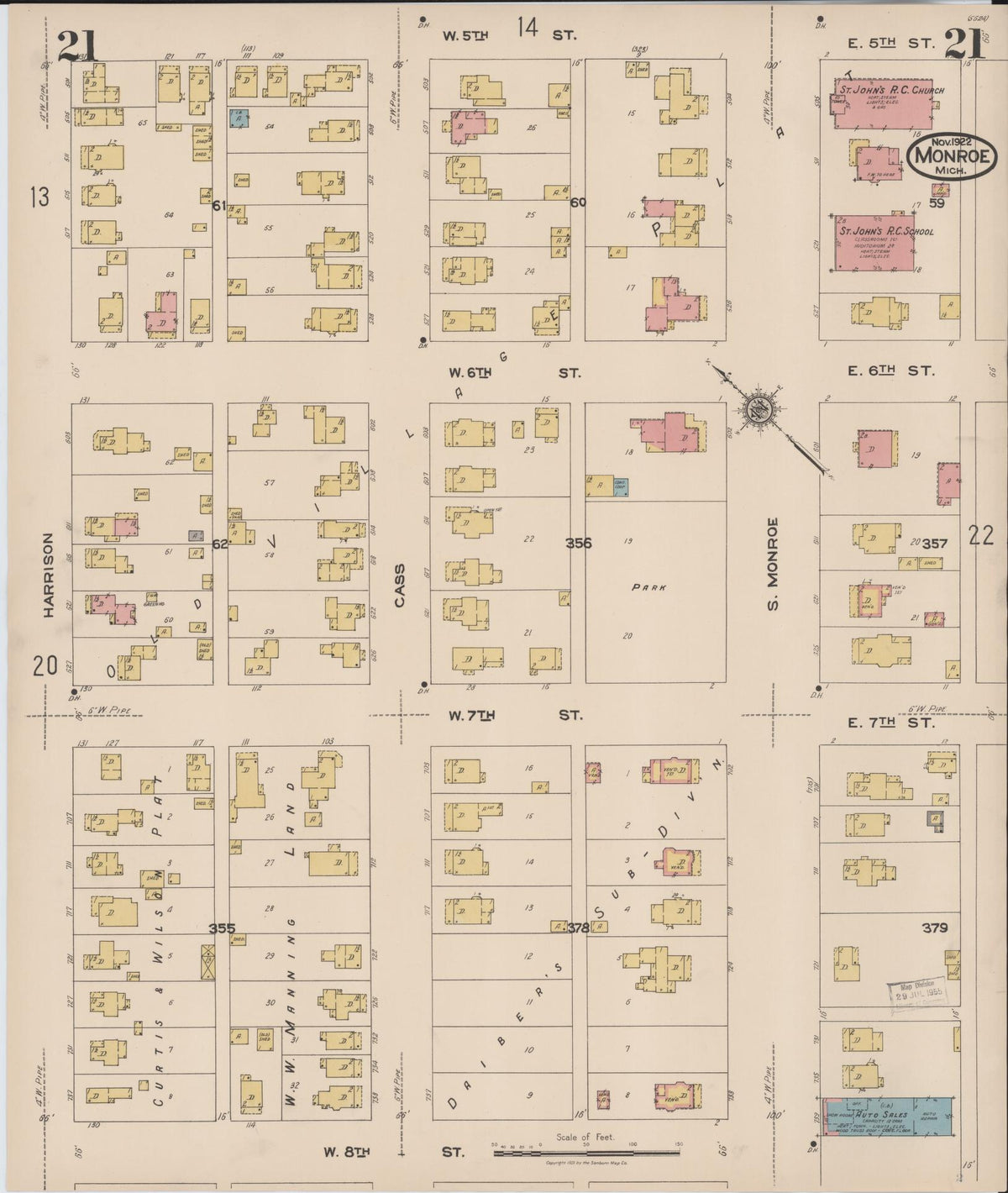 Sanborn Fire Insurance Map from Monroe, Monroe County, Michigan (1922), Sheet #0021 - Historic Sanborn Fire Insurance Map Print, vintage old map wall art, antique decor, genealogy gift, Michigan Michigan map