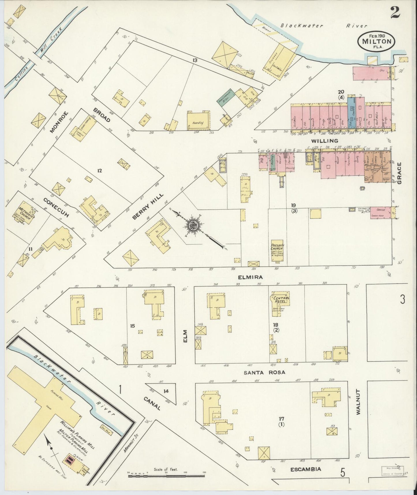 Sanborn Fire Insurance Map from Milton, Santa Rosa County, Florida (1910), Sheet #0002 - Historic Sanborn Fire Insurance Map Print, vintage old map wall art, antique decor, genealogy gift, Florida Florida map