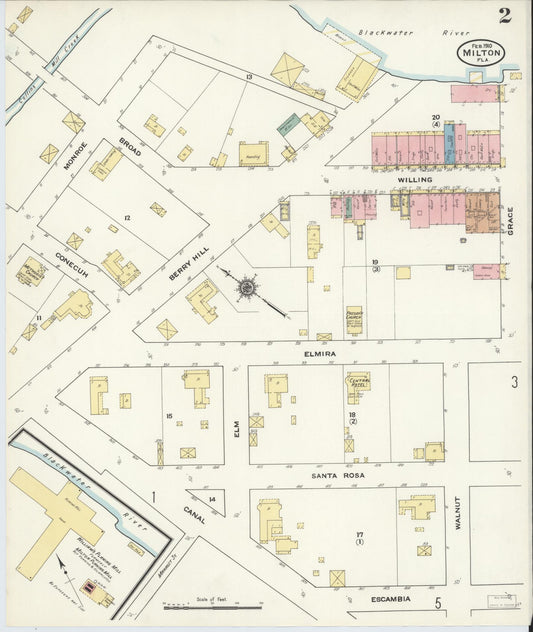 Sanborn Fire Insurance Map from Milton, Santa Rosa County, Florida (1910), Sheet #0002 - Historic Sanborn Fire Insurance Map Print, vintage old map wall art, antique decor, genealogy gift, Florida Florida map