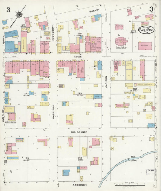 Sanborn Fire Insurance Map from Eagle Pass, Maverick County, Texas (1924), Sheet #0003 - Historic Sanborn Fire Insurance Map Print, vintage old map wall art, antique decor, genealogy gift, Texas Texas map