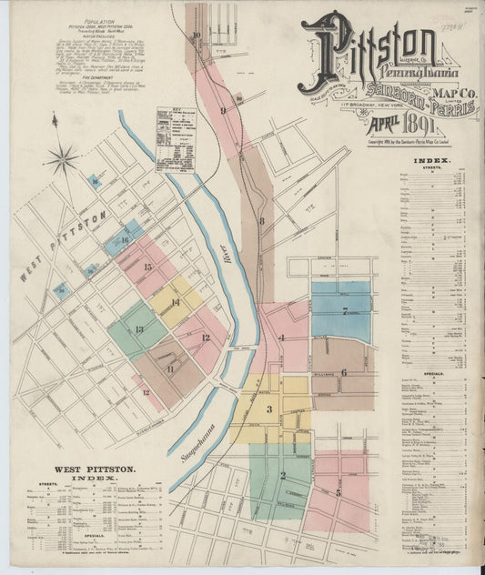 Sanborn Fire Insurance Map from Pittston, Luzerne County, Pennsylvania (1891), Sheet #0001 - Historic Sanborn Fire Insurance Map Print, vintage old map wall art, antique decor, genealogy gift, Pennsylvania Pennsylvania map
