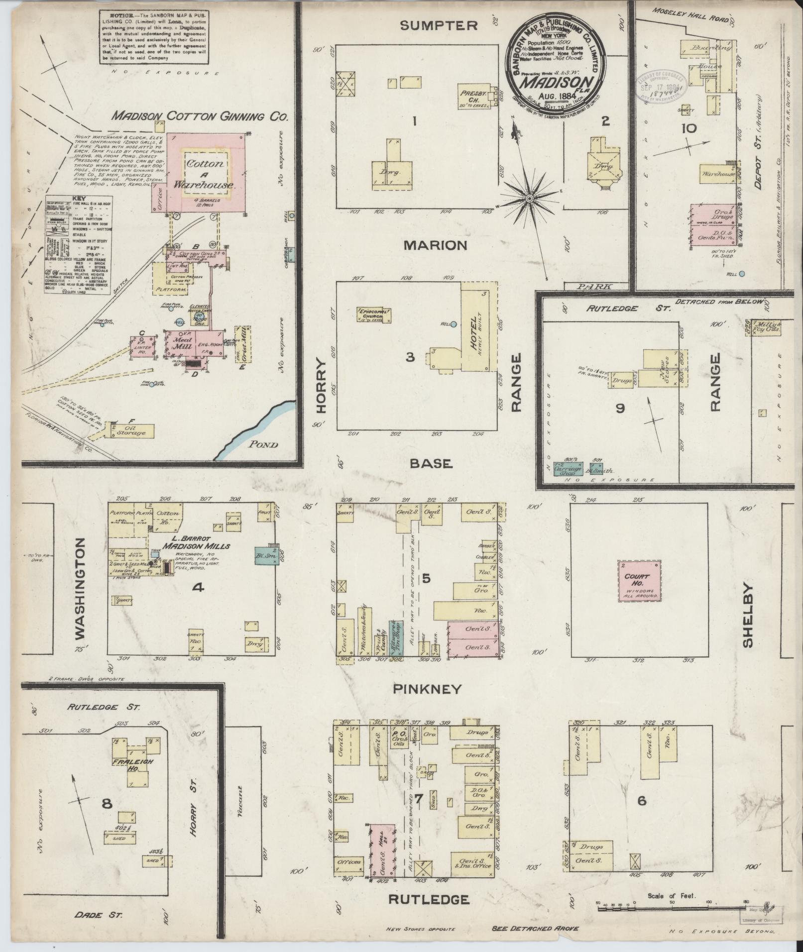 Sanborn Fire Insurance Map from Madison, Madison County, Florida (1884), Sheet #0001 - Historic Sanborn Fire Insurance Map Print, vintage old map wall art, antique decor, genealogy gift, Florida Florida map