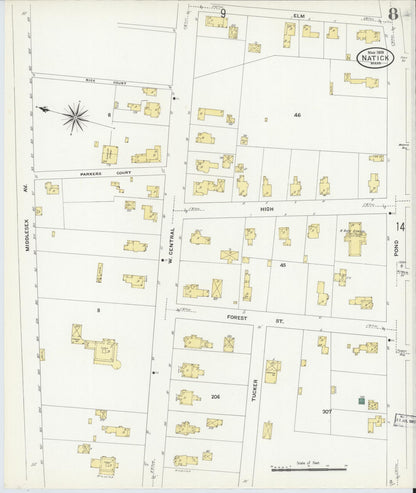 Sanborn Fire Insurance Map from Natick, Middlesex County, Massachusetts (1909), Sheet #0008 - Historic Sanborn Fire Insurance Map Print, vintage old map wall art, antique decor, genealogy gift, Massachusetts Massachusetts map