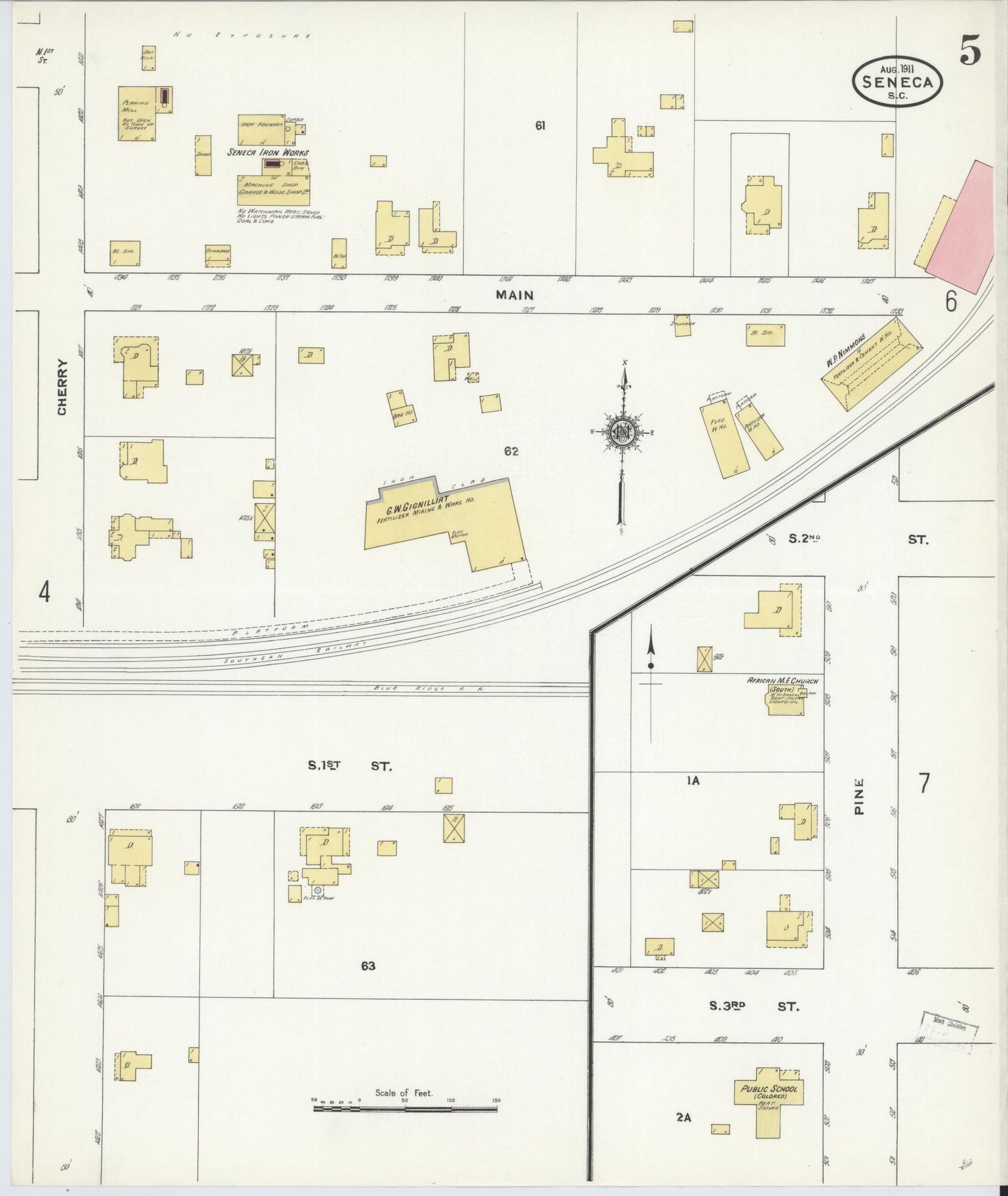 Sanborn Fire Insurance Map from Seneca, Oconee County, South Carolina (1911), Sheet #0005 - Historic Sanborn Fire Insurance Map Print, vintage old map wall art, antique decor, genealogy gift, South Carolina South Carolina map