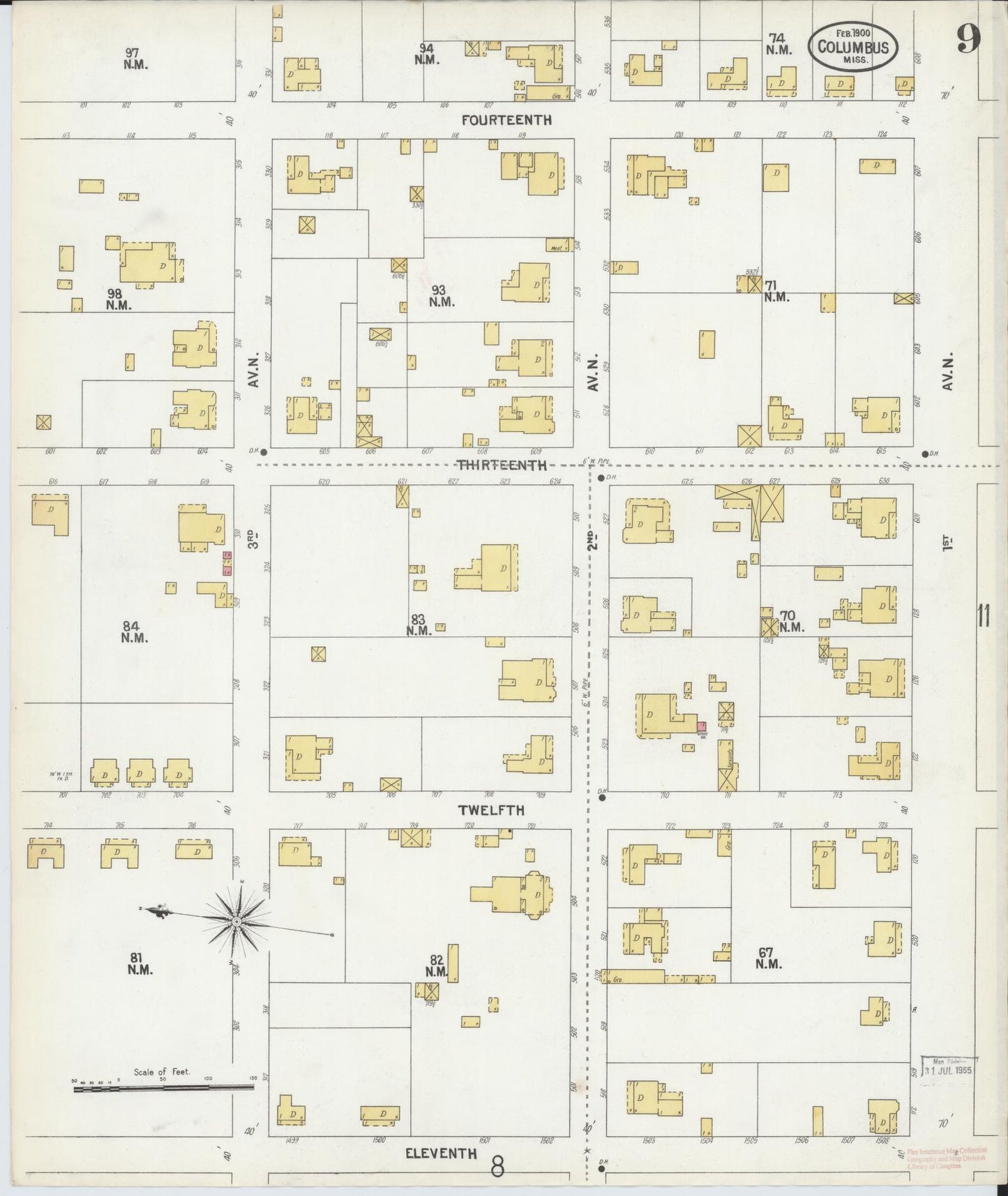 Sanborn Fire Insurance Map from Columbus, Lowndes County, Mississippi (1900), Sheet #0009 - Complete Map Set gallery image, historic Sanborn map, vintage wall art, Mississippi Mississippi