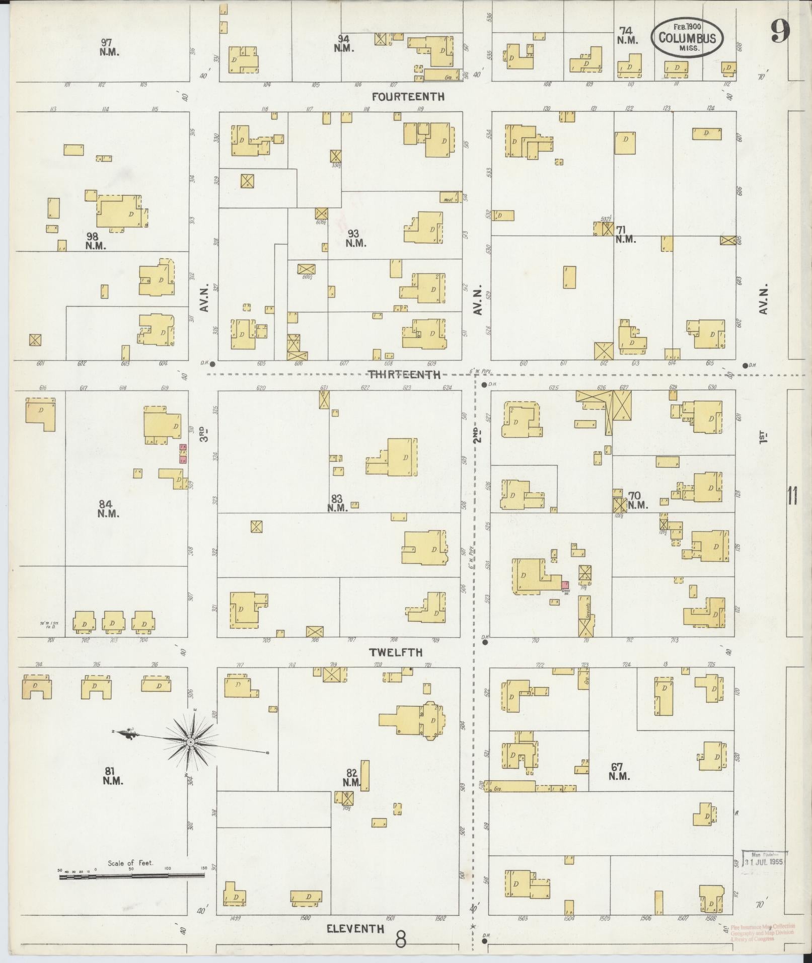 Sanborn Fire Insurance Map from Columbus, Lowndes County, Mississippi (1900), Sheet #0009 - Complete Map Set gallery image, historic Sanborn map, vintage wall art, Mississippi Mississippi