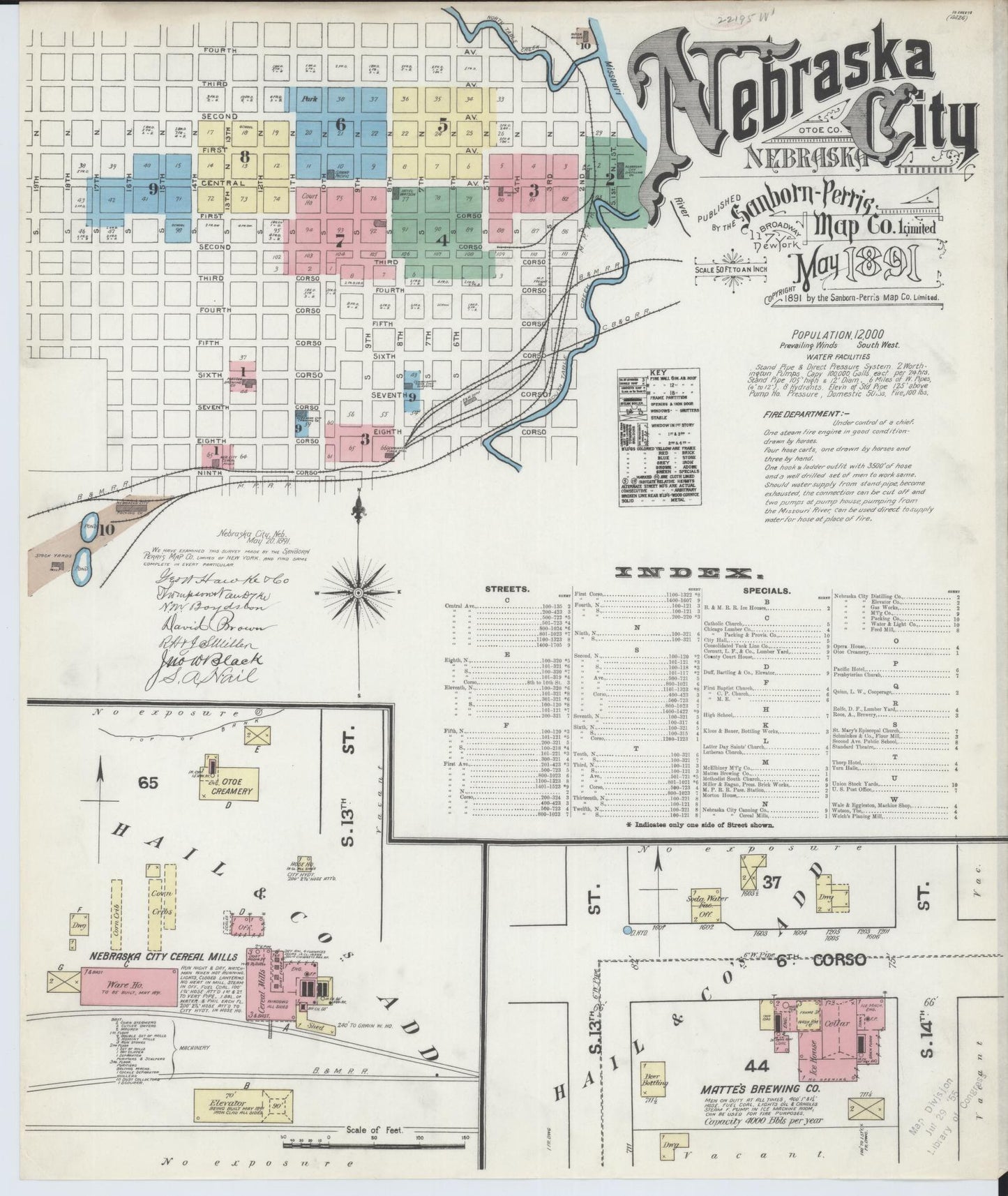 Sanborn Fire Insurance Map from Nebraska City, Otoe County, Nebraska (1891), Sheet #0001 - Historic Sanborn Fire Insurance Map Print, vintage old map wall art, antique decor, genealogy gift, Nebraska Nebraska map